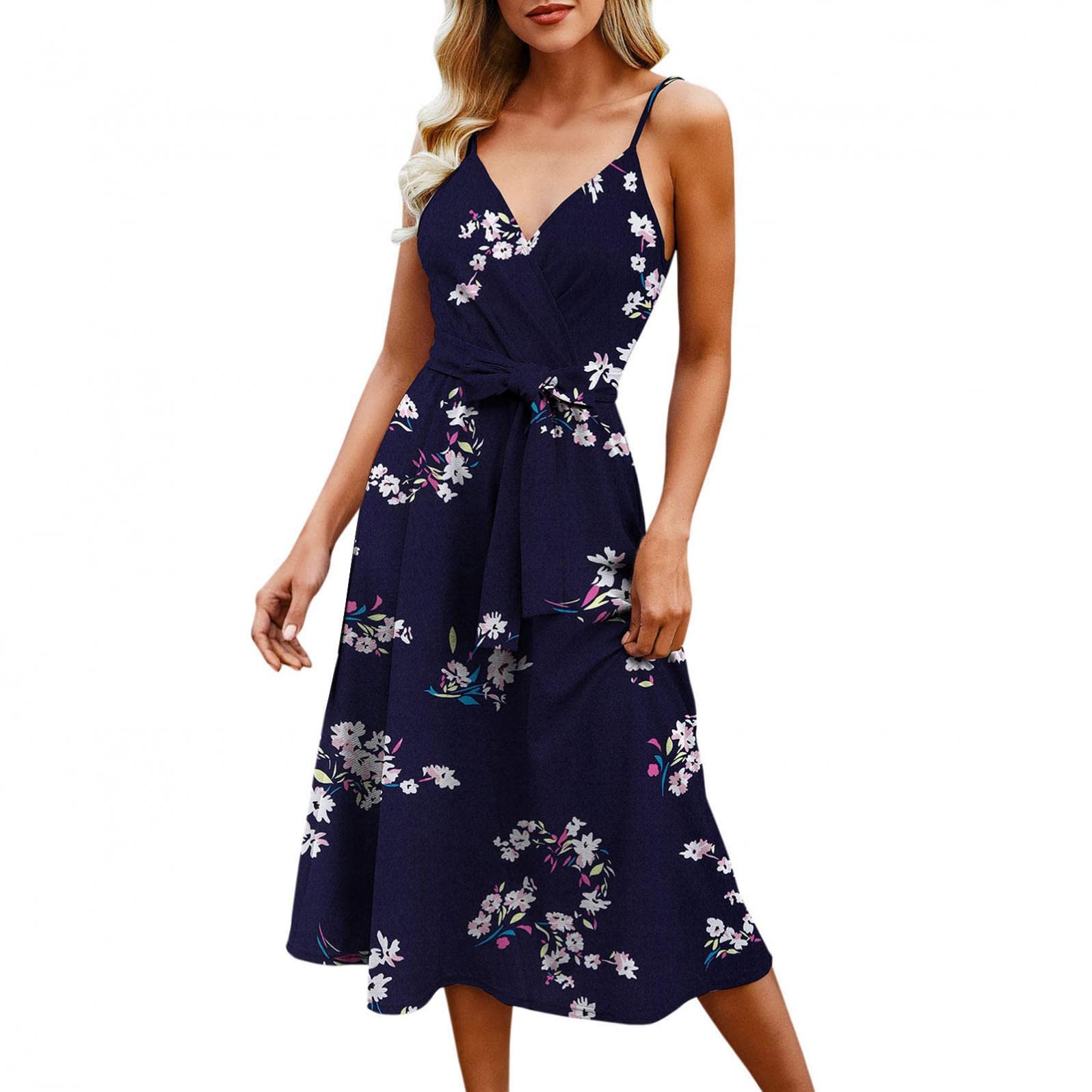 Women's Summer Beach Casual Dress - Adjustable Spaghetti Straps V-Neck Flared Cami Slip Midi Dress for Vacation, Pool Party & Date Night