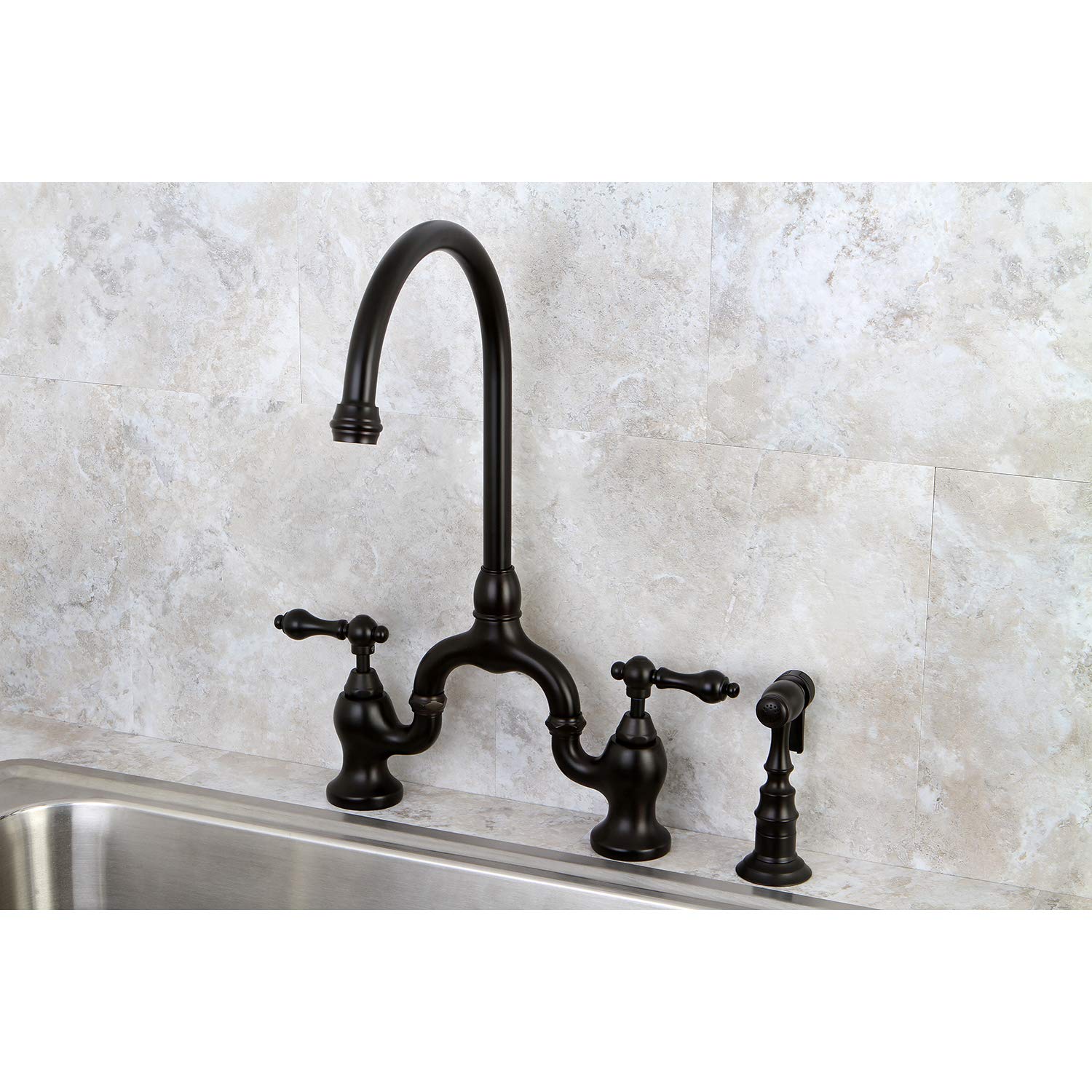 Kingston Brass KS7795ALBS English Country Bridge Kitchen Faucet with Brass Sprayer - 7-3/4 Inch Spout Reach, Oil Rubbed Bronze Finish - Perfect for Farmhouse, Cottage & Traditional Kitchen Styles