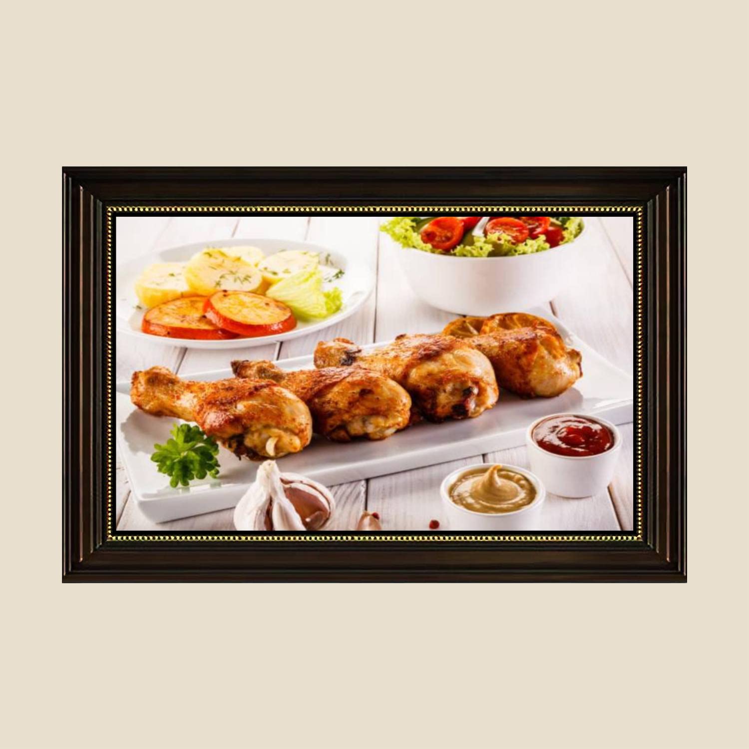 Barbecue Chicken Drumstick & Vegetables Canvas Wall Art Print - Retro Framed Painting Poster 24x36 Inch - Ready to Hang Home Decor for Living Room, Bedroom, Kitchen & Dining Area - Perfect for Food Lovers & Restaurant Wall Decoration