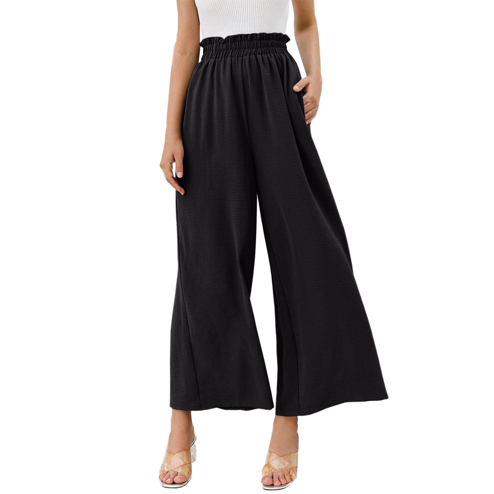 Women's Linen Lounge Pants - High Waist Wrinkled Wide Leg Casual Pants with Lotus Leaf Design | Breathable Ice Silk Fabric for Golf, Yoga & Home Relaxation