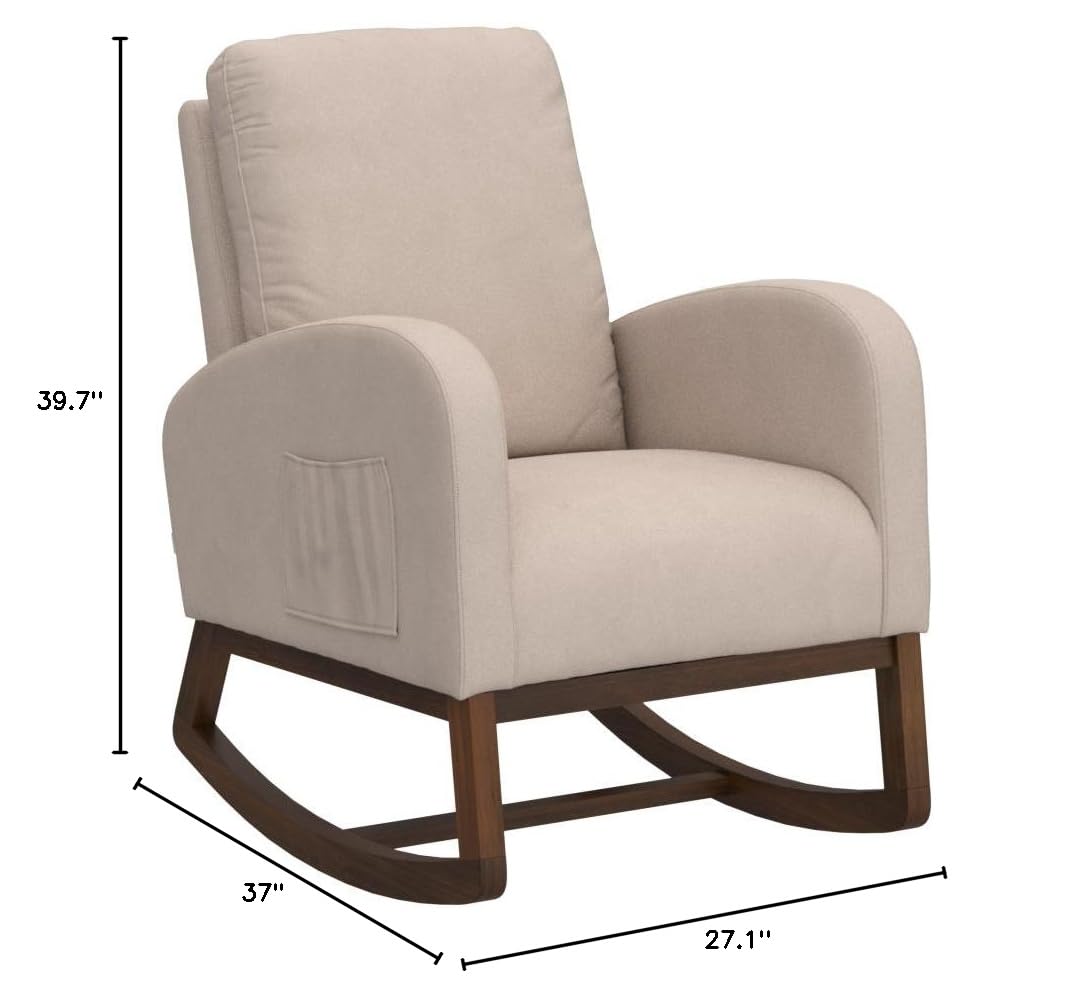 Comfortable Upholstered Rocking Chair with Wooden Padded Seat & Side Pockets - Mid Century Modern Nursery Rocker for Living Room, Bedroom, Nursery - Beige Fabric Accent Armchair | Perfect for Nursing, Reading & Relaxing