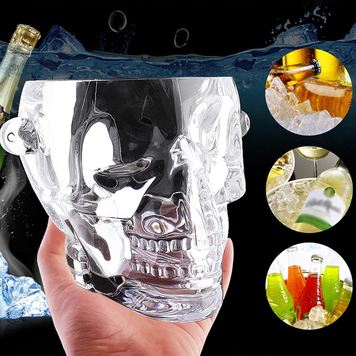 Skull Ice Bucket - Clear Hard Plastic Drink Cooler with Metal Tongs - Perfect for Halloween Parties, Cocktail Serving & Themed Events