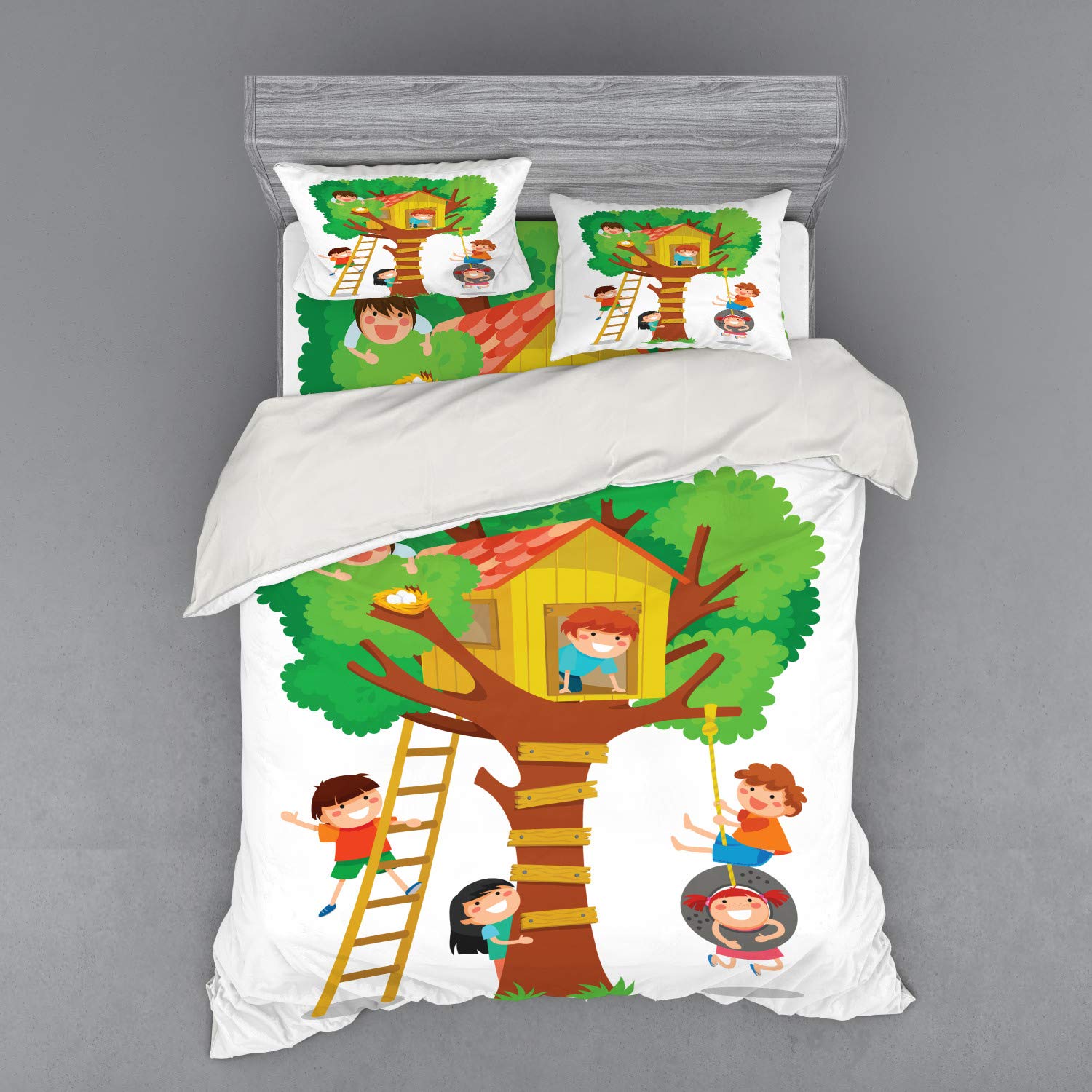Ambesonne Cartoon Duvet Cover Set - Cheerful Kids Playing in Tree House Design, 3-Piece Bedding Set with Pillow Sham & Fitted Sheet, Queen Size, Vibrant Multicolor | Perfect for Kids' Rooms, Playrooms & Whimsical Bedroom Decor