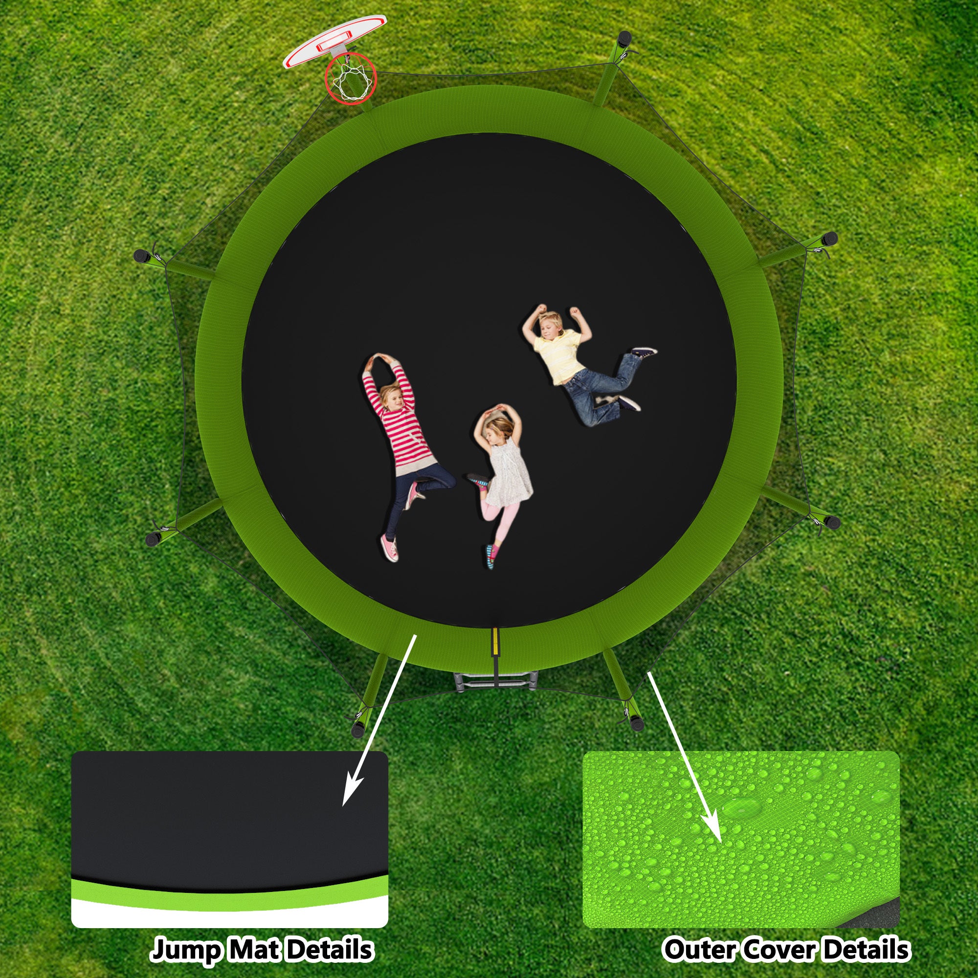 12FT Trampoline with Safety Enclosure - Green Outdoor Trampoline for Kids & Adults, Includes Basketball Hoop & Ball - Perfect for Backyard Fun, Exercise, and Family Recreation