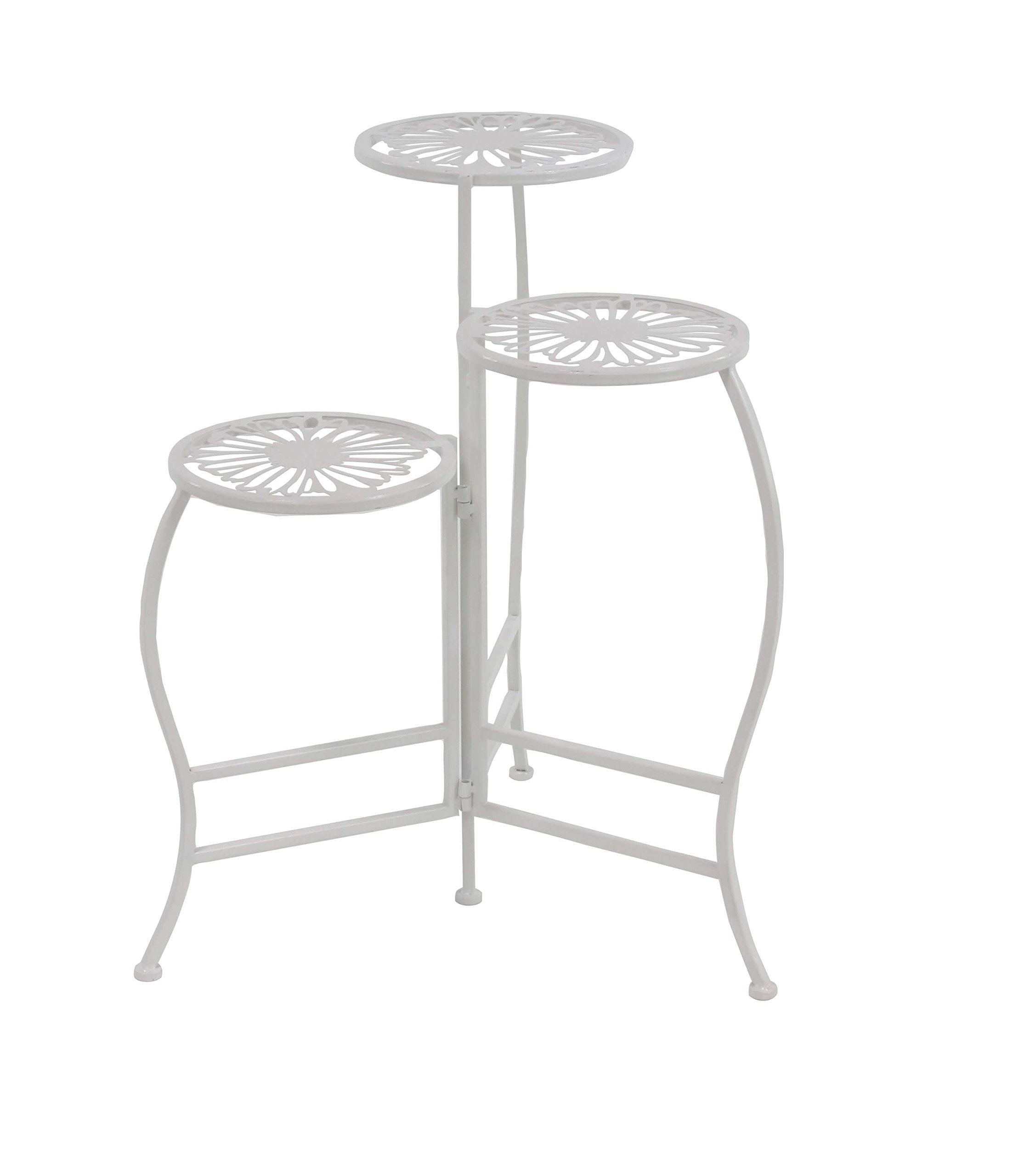 Deco 79 White 3-Tier Metal Floral Plant Stand Shelf - 21x15x24 Inches for Indoor & Outdoor Use - Perfect for Patio, Garden, Living Room & Balcony Decor