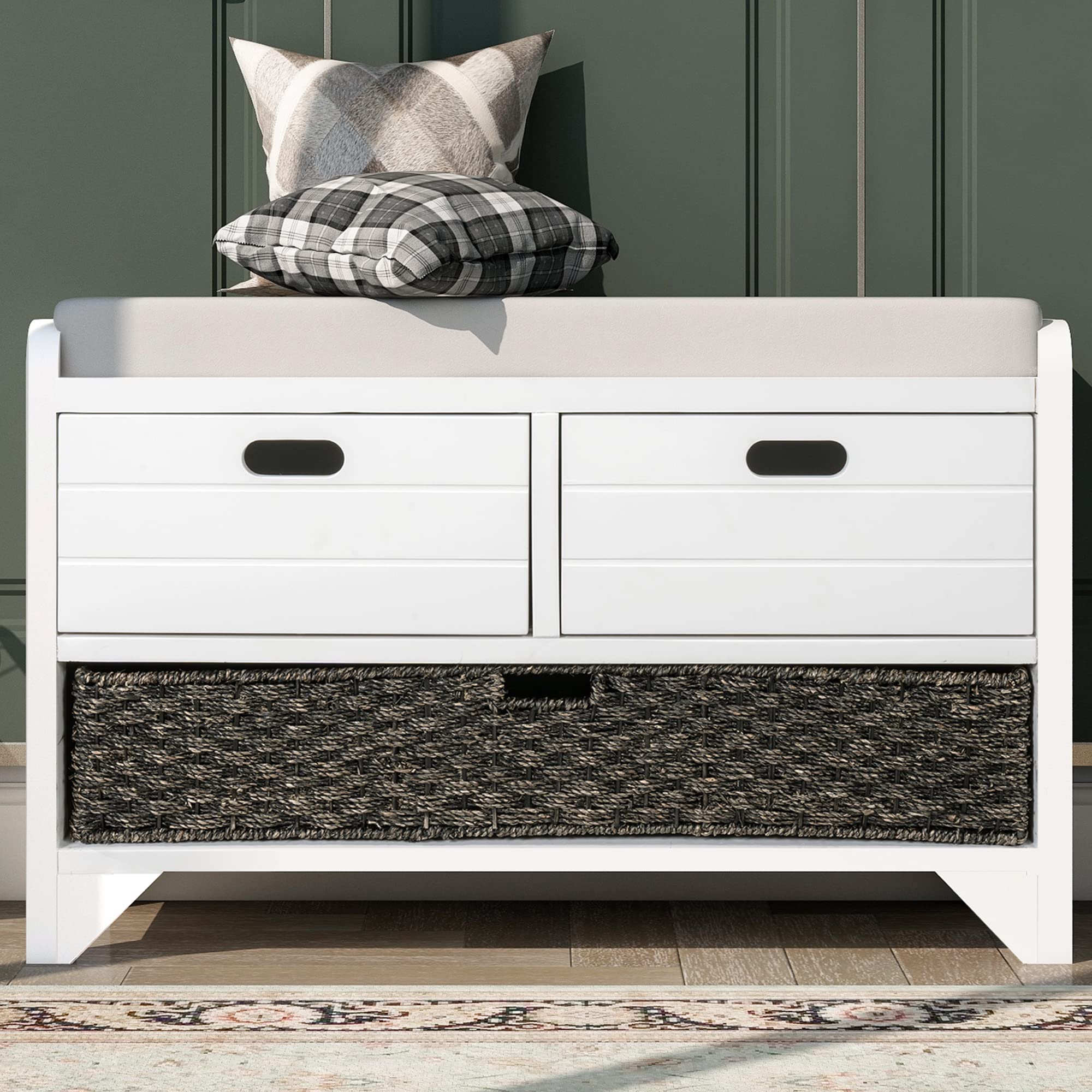 P PURLOVE White Entryway Storage Bench with 2 Drawers & Removable Basket - Shoe Bench with Cushion for Hallway, Living Room, Bedroom - Fully Assembled Organizer for Shoes, Hats & Home Decor (Perfect for Small Spaces & Entry Organization)