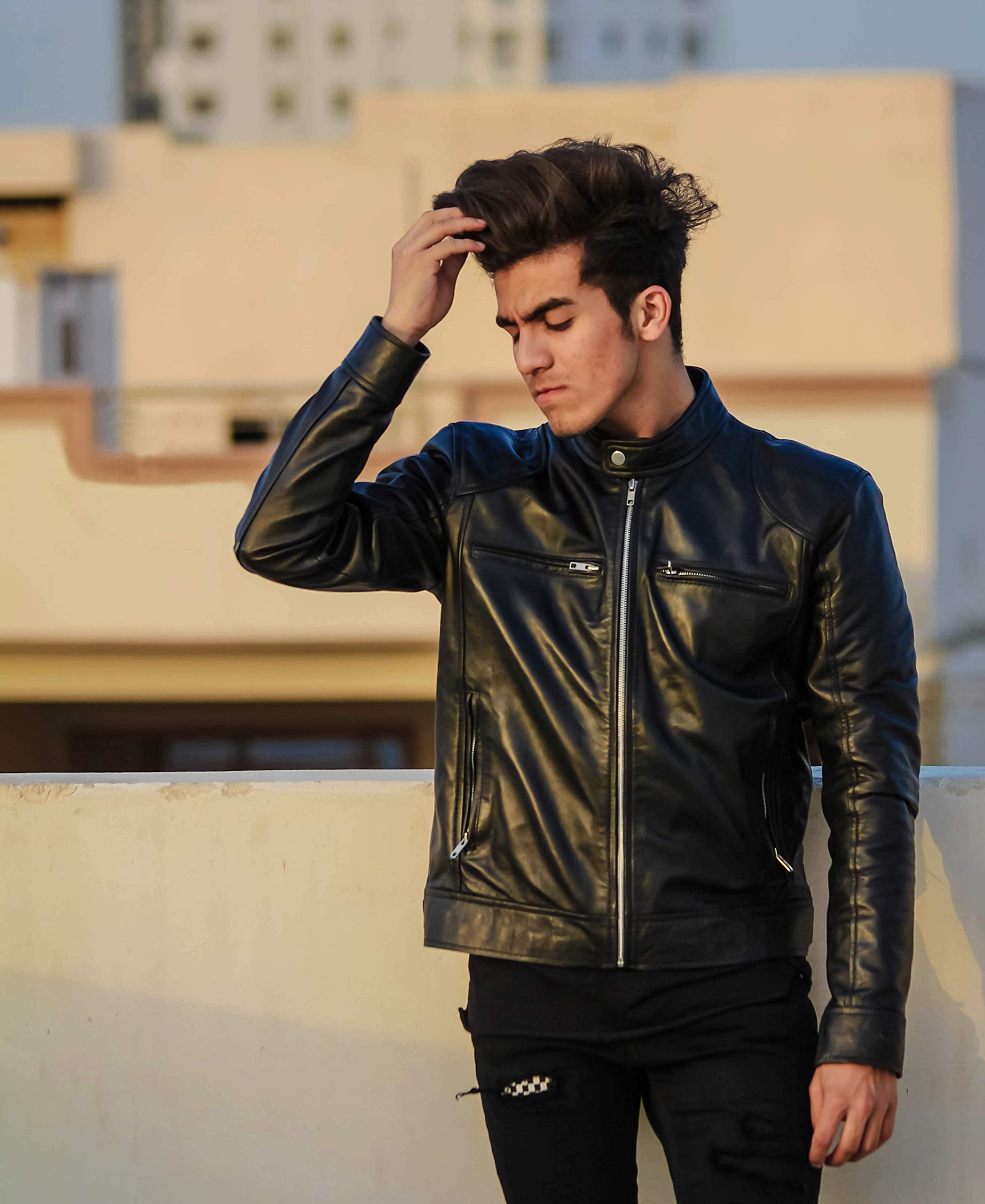 Men's Genuine Leather Biker Jacket - Stylish Casual & Smart Winter Coat for Motorcycle Riding, Outdoor Adventures & Everyday Wear