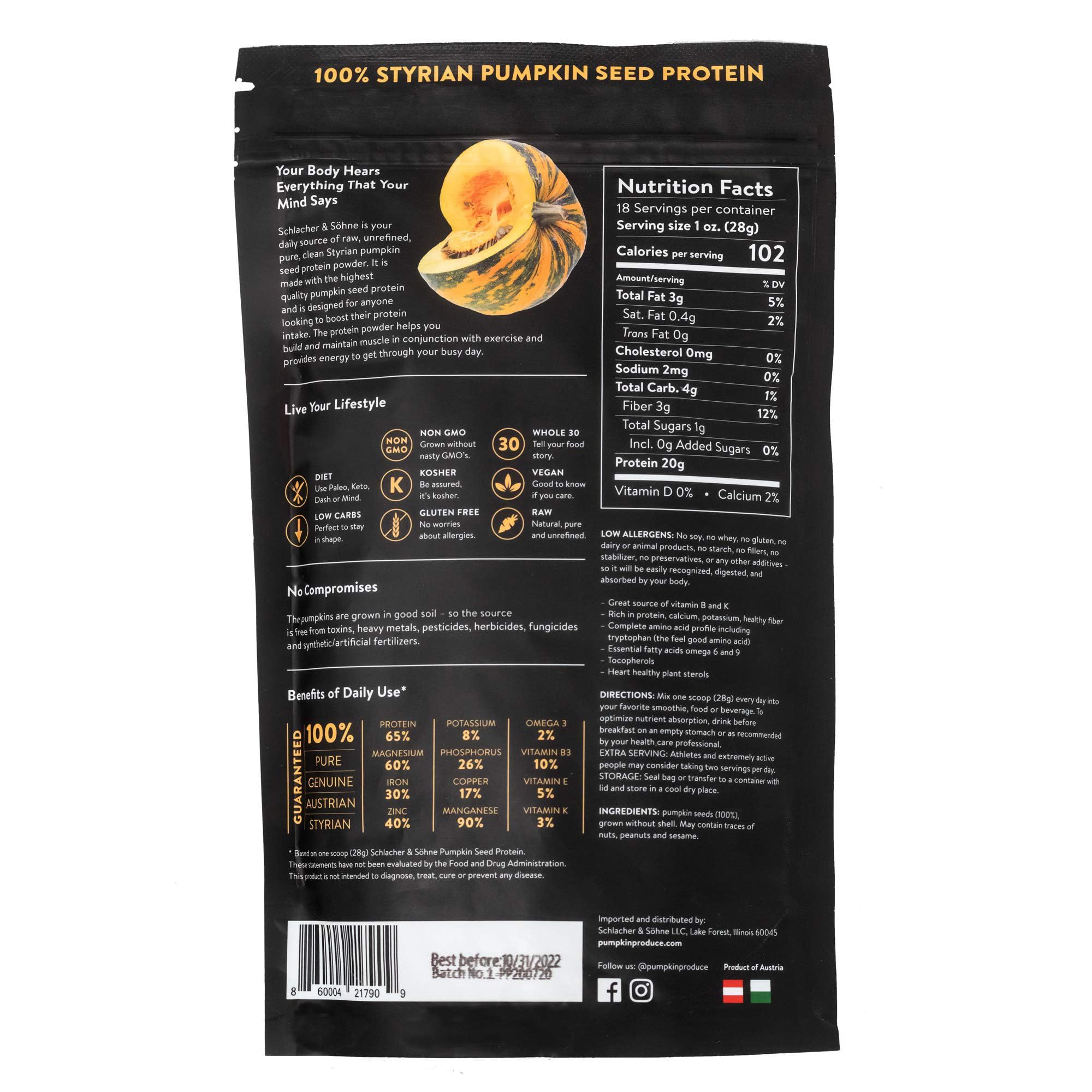 Schlacher & Söhne Organic Pumpkin Seed Protein Powder 17.6oz | 100% Pure Plant-Based Vegan Protein | Non-GMO, Gluten-Free, No Additives | Supports Immune System & Digestion | Made in Austria | Perfect for Smoothies, Baking & Post-Workout Recovery