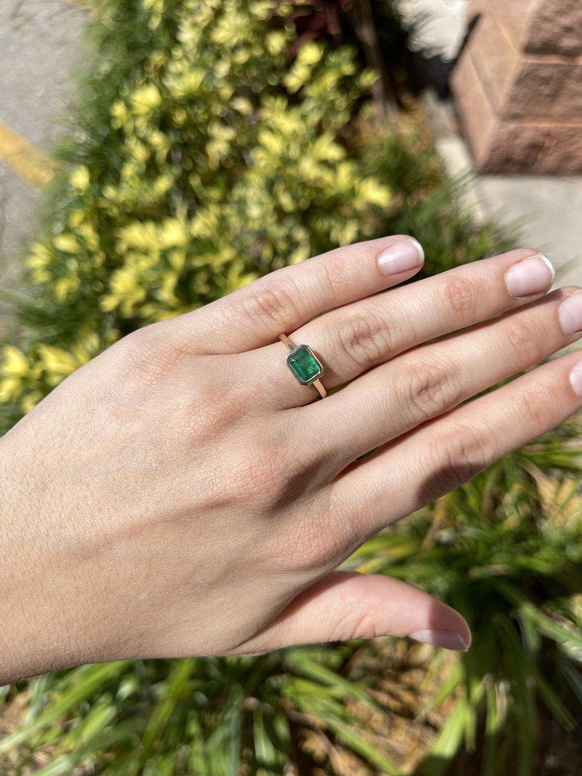 1.0 Carat Bezel East to West Dark Green Emerald Cut Solitaire Ring in 14K Gold – Elegant Minimalist Jewelry for Engagement, Wedding & Everyday Wear