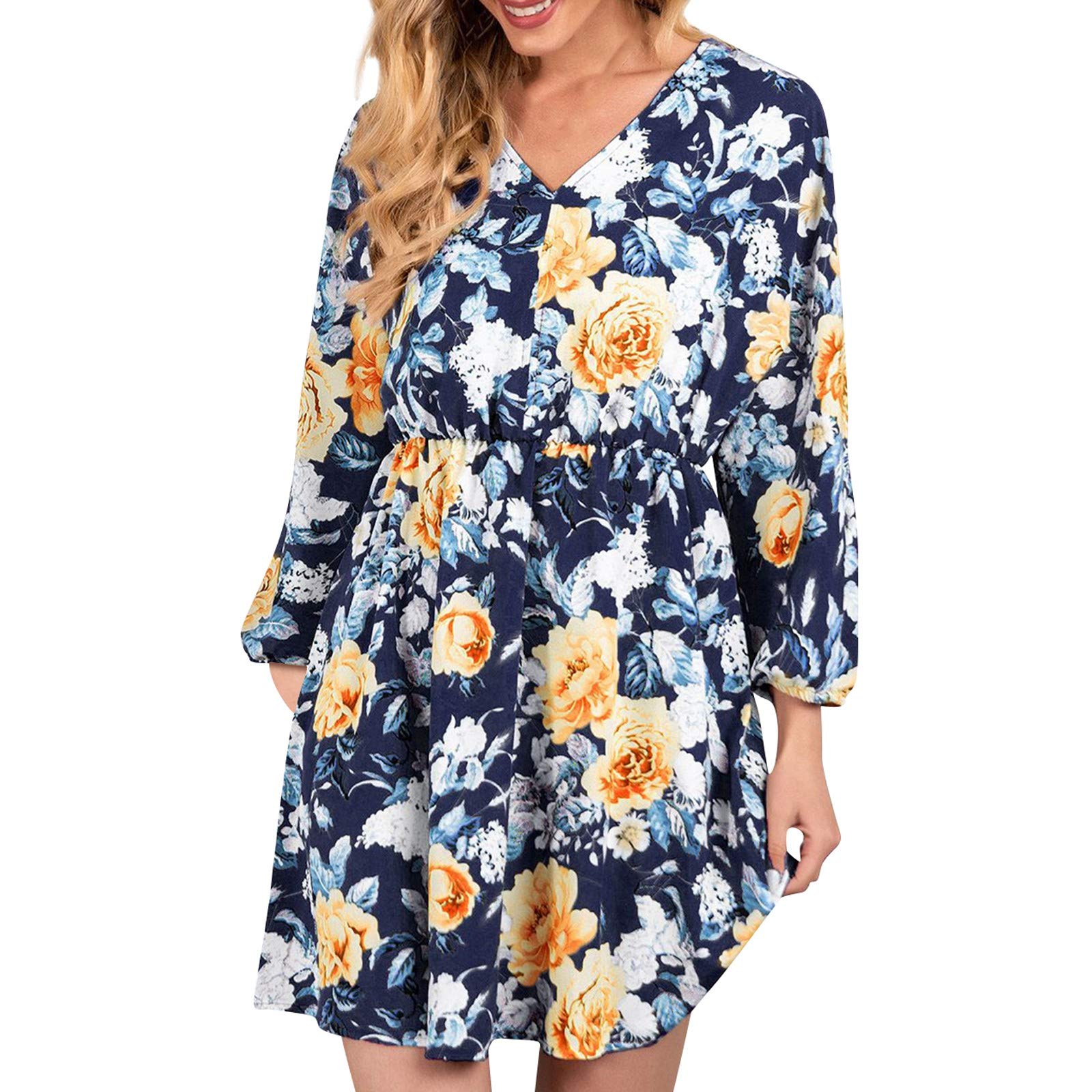 Women's Casual Floral Print V-Neck Long Sleeve Loose Dress - Lightweight Spring Summer Dress for Daily Wear, Office, Dating & Outdoor Activities