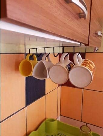 KLIVE 6-Hook Under Shelf Cup Holder - Stainless Steel Multi-Functional Kitchen Utensil Rack for Hanging Mugs, Spoons & Cooking Tools (1 Pack) - Perfect for Small Kitchen Organization & Space Saving Storage