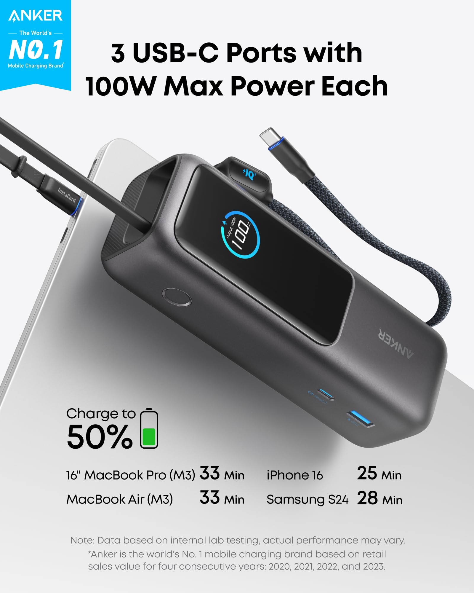 Anker 100W USB-C Laptop Power Bank - 20000mAh Portable Charger for MacBook, Dell, HP (Black) | Fast Charging Battery Pack for Travel, Work & Outdoor Use