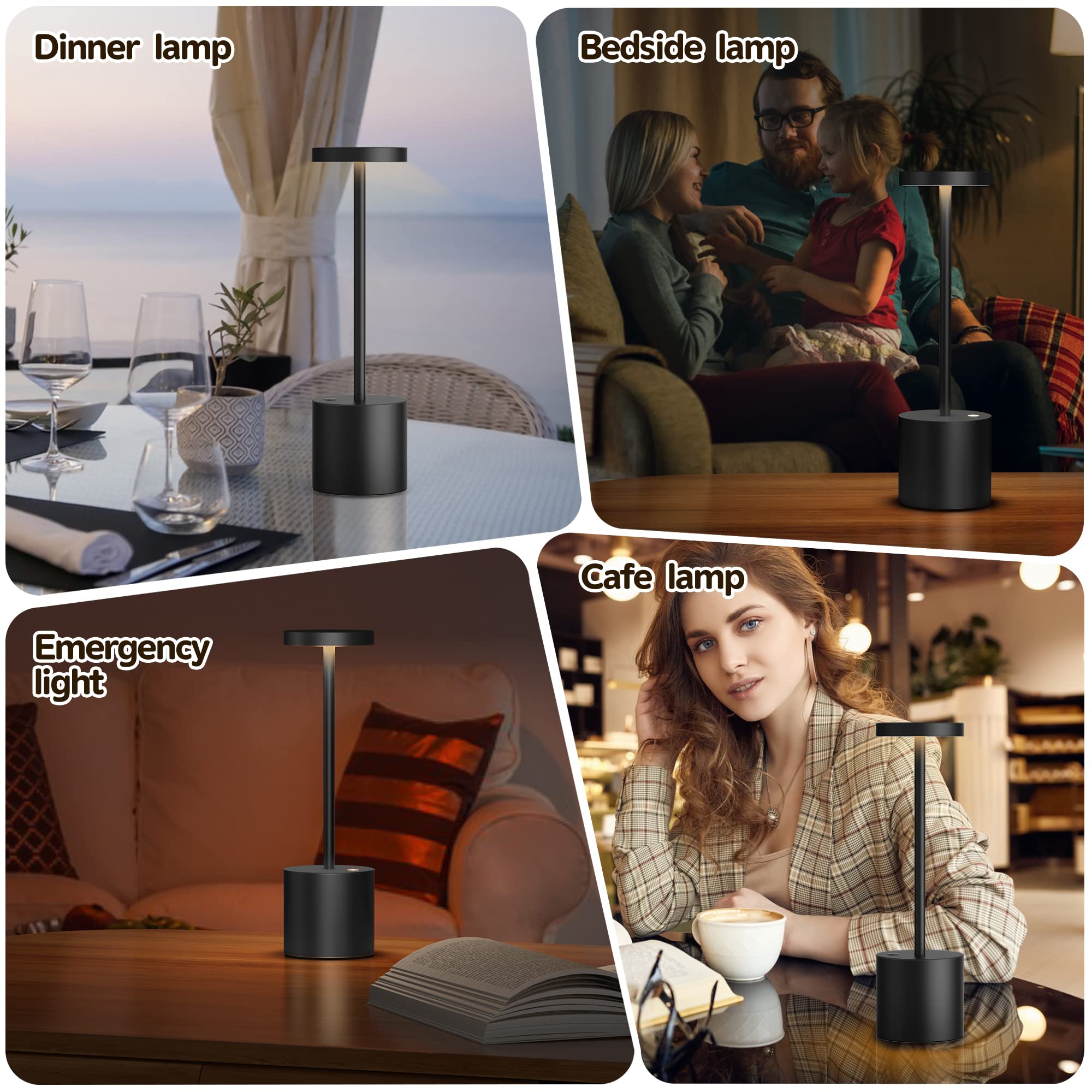 2 Pack Rechargeable LED Table Lamp - 5000mAh Battery, USB Powered, 3 Brightness Levels, Metal Portable Desk Light for Home, Office, Restaurant & Outdoor Use (10.25 Inch, Black) - Perfect for Bedside Reading, Camping & Emergency Lighting