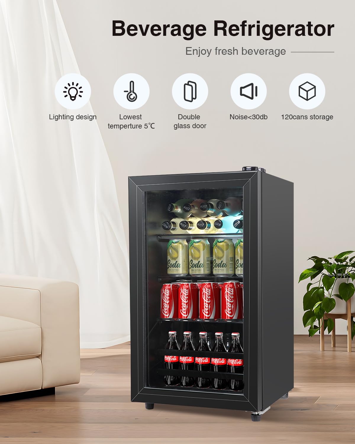 FLB-60 120 Can Freestanding Beverage Cooler Refrigerator with Glass Door - Compact Drink Dispenser for Office, Bar, Home - Adjustable Removable Shelves, Black - Perfect for Parties, BBQs and Entertaining Guests