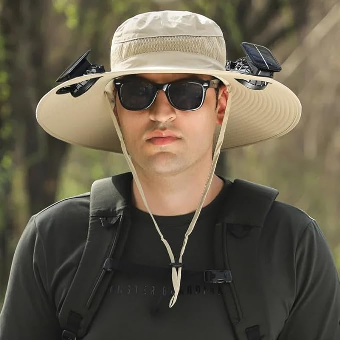 UPF 50+ Solar Fan Bucket Hat for Men & Women - Wide Brim Sun Hat with Built-in Cooling Fan for Outdoor, Fishing, Beach, Hiking & Gardening - UV Protection Summer Hat