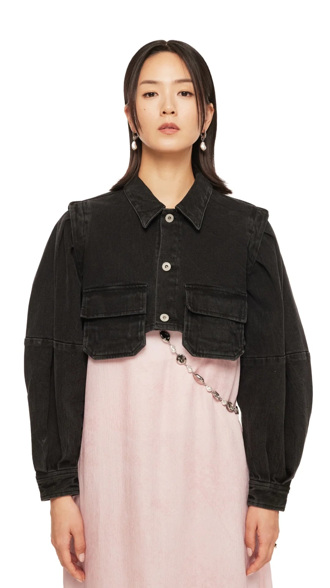 Women's Black Denim Puff Sleeve Short Shirt Jacket - Vintage Style Cropped Denim Jacket for Casual Outfits & Spring Layering