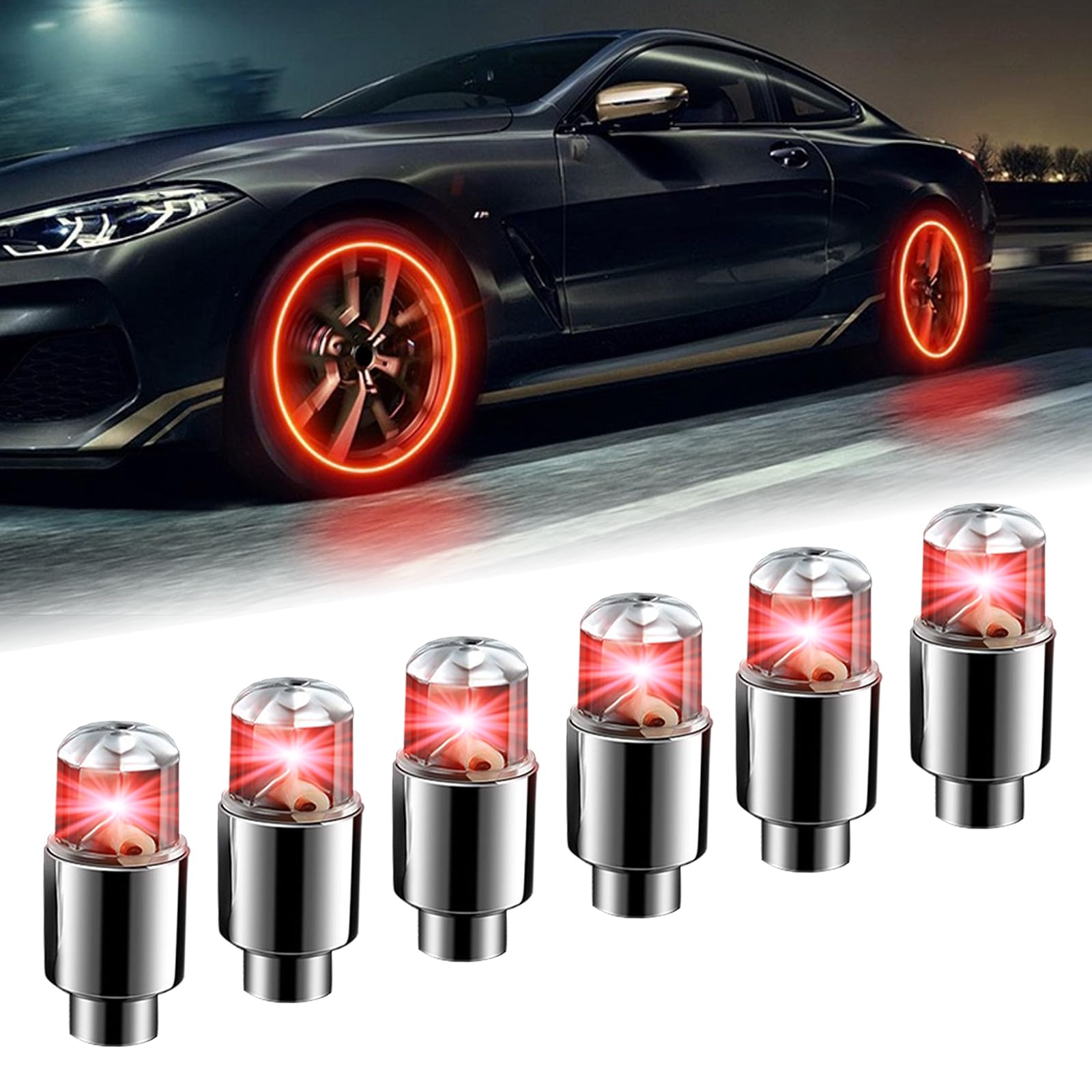6 PCS Waterproof PVC Car Tire Lights - Universal LED Flash Light Bulbs for Cars, Trucks, SUVs, Motorcycles & Bikes - Durable Metal Vehicle Tire Decorations (Red) - Perfect for Night Rides, Car Shows & Custom Vehicle Lighting