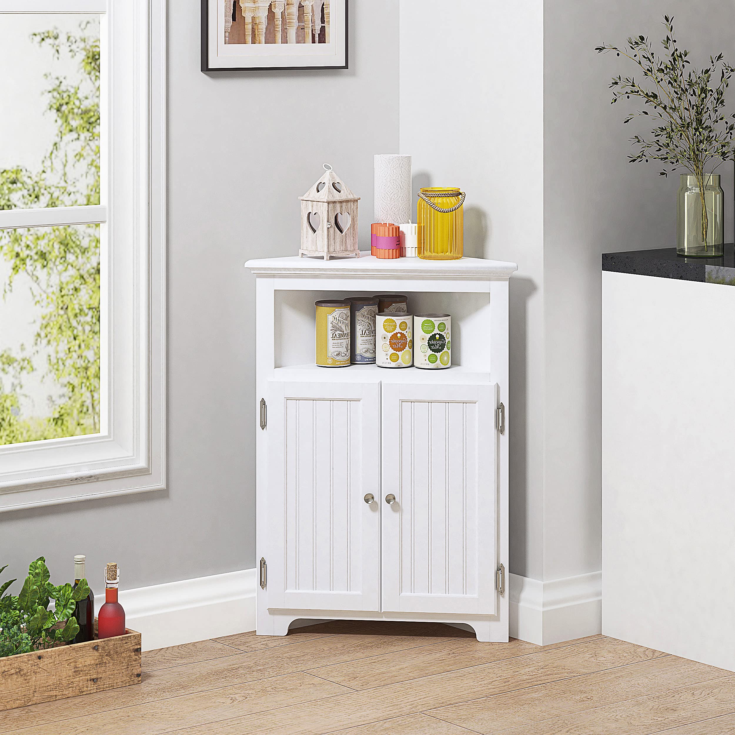 UTEX White Freestanding Corner Storage Cabinet with Adjustable Shelves - Narrow Bathroom, Kitchen & Living Room Organizer for Small Spaces - Perfect for Toiletries, Cleaning Supplies & Home Decor
