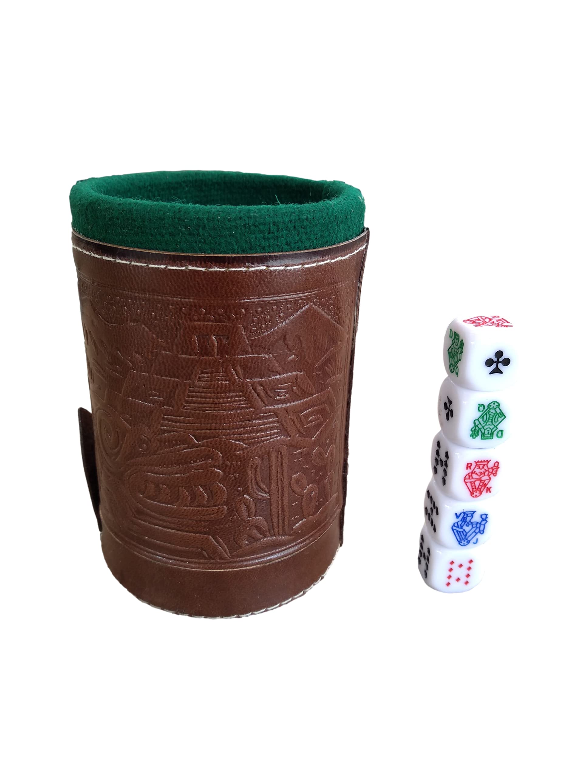 Marquez Premium Poker Dice Game Set with Leather Lined Cup (Cubilete) - 5 Professional Casino Style Dice, Brown, 3.1'' W x 3.5'' H - Perfect for Game Nights, Travel & Spanish-Speaking Players Ages 72+