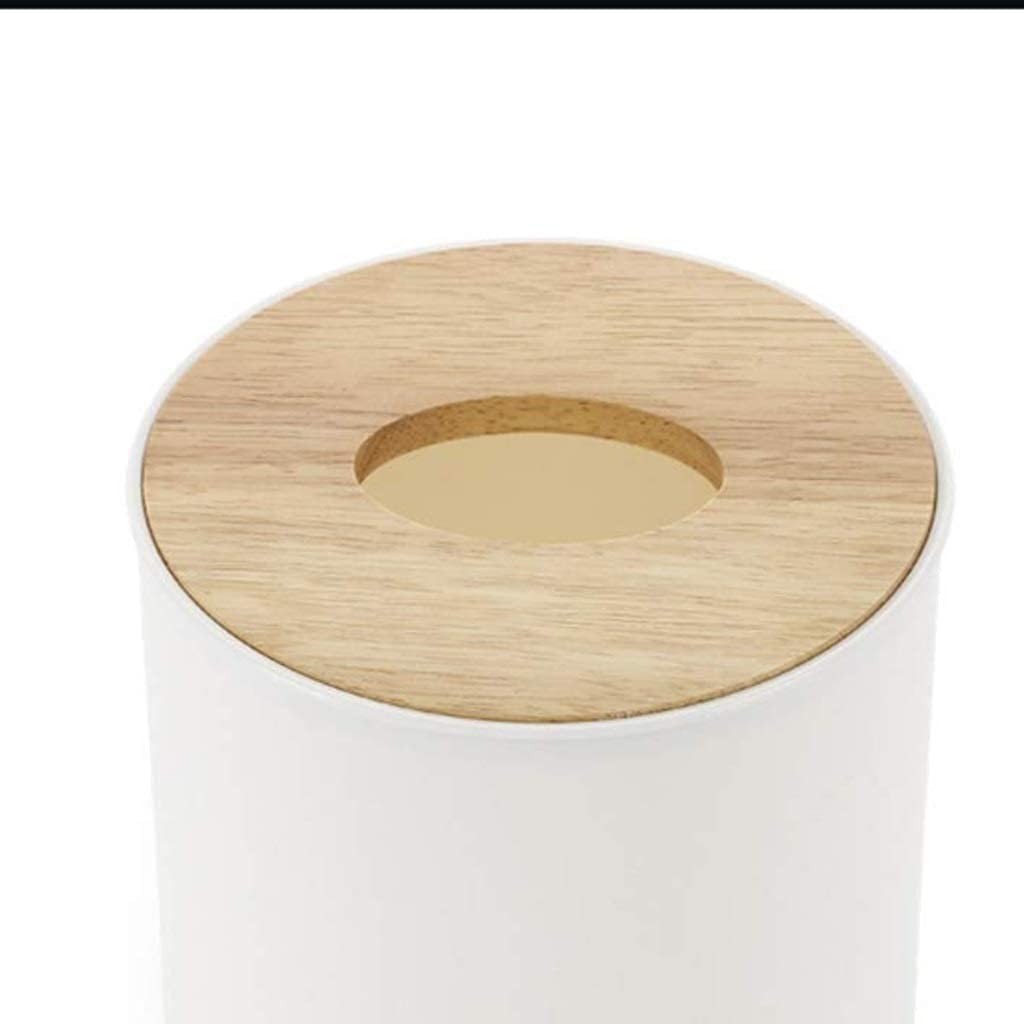 Waterproof Oak Round Tissue Box Cover with Plastic Liner - Stylish Paper Towel Holder for Living Room, Kitchen & Office - 13.3x13cm White Home Decor Organizer