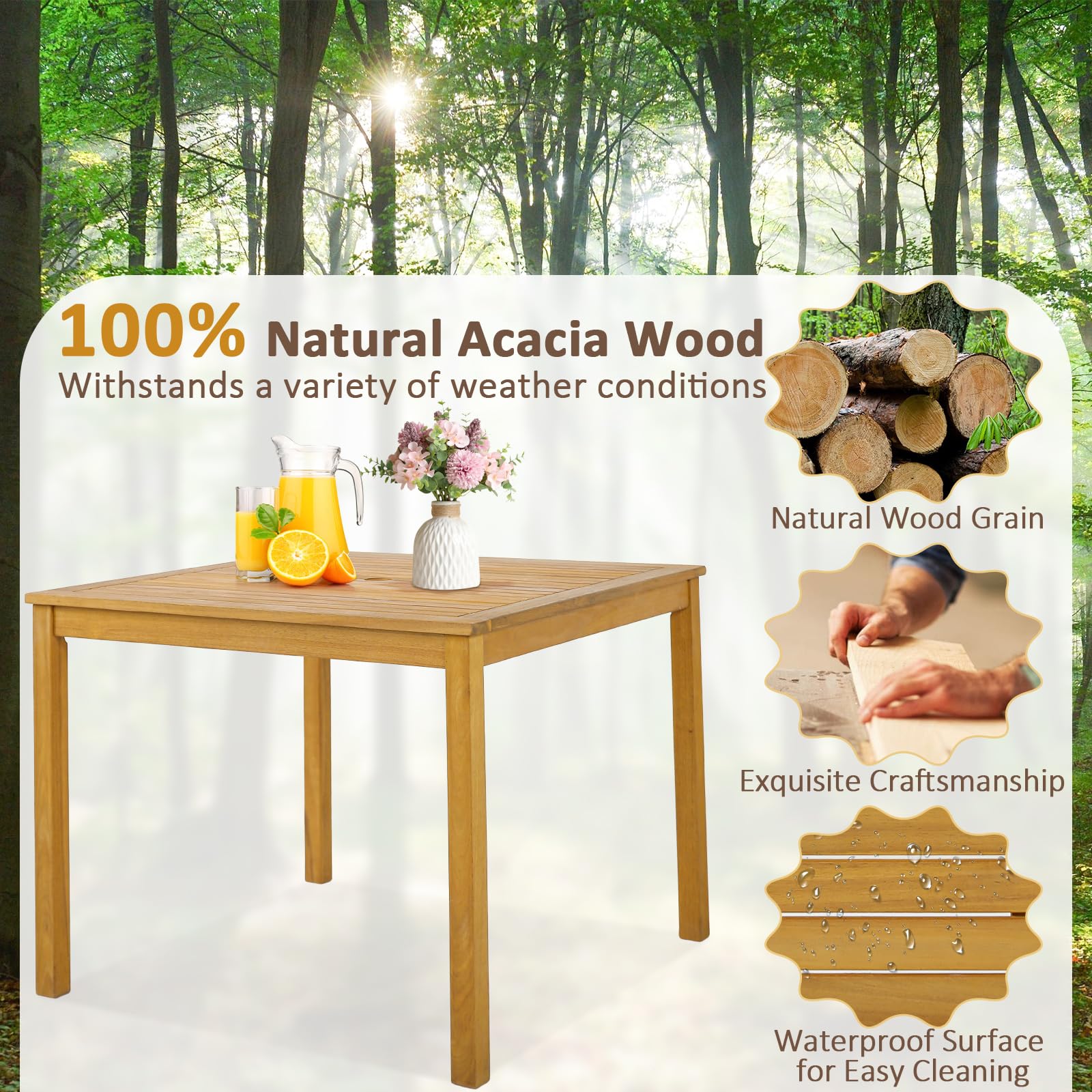 Tangkula 4-Person Square Outdoor Dining Table - Acacia Wood Patio Table with 1.9