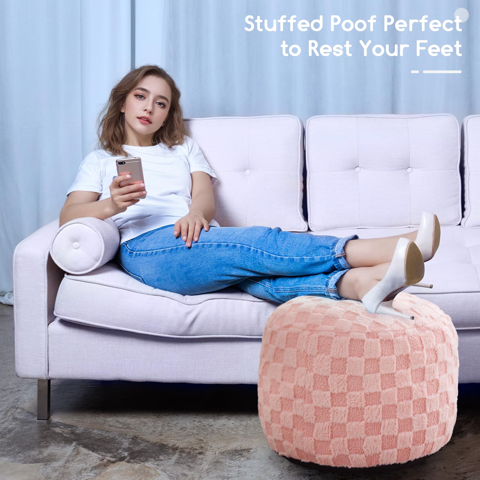 MAXYOYO Round Stuffed Pouf Ottoman with Foam Chunk Filling - 20 x 15 Inch Plaid Footrest Pouf in Pink | Perfect for Living Room, Bedroom, or Nursery Decor
