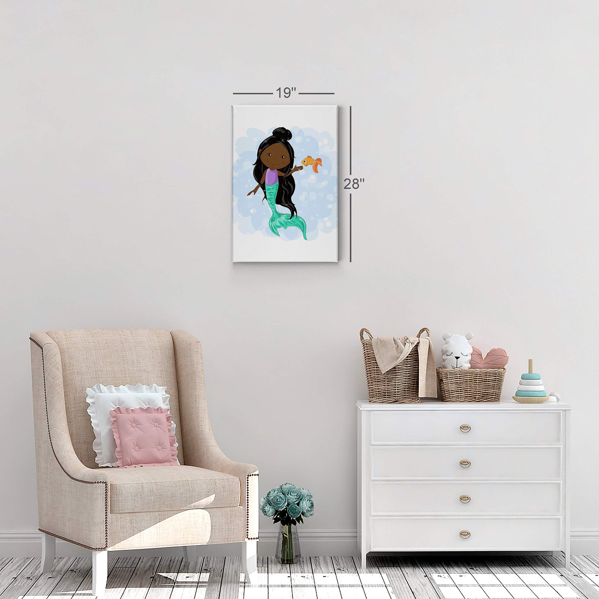 Cute African American Mermaid Canvas Print - Smile Art Design with White Background, 36x24 Inch, Ready to Hang Wall Art for Kids Room, Nursery & Baby Room Decor | Made in USA | Perfect for Birthday Gifts & Coastal Themed Bedrooms