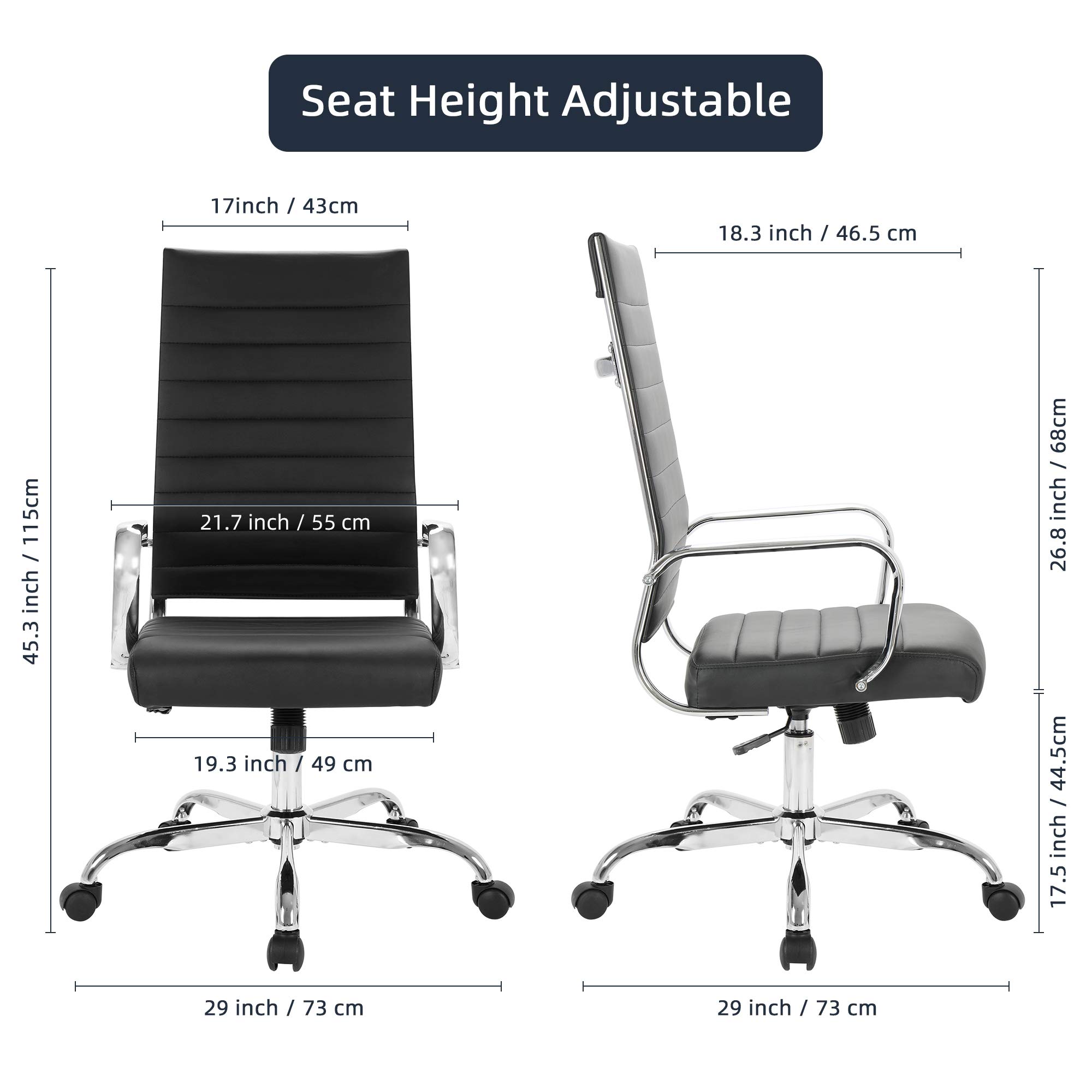 Premium LANDSUN High Back Executive Office Chair - Ergonomic Ribbed Leather Swivel Desk Chair with Adjustable Height, Wheels & Armrests - Ideal for Home Office, Conference Rooms & Task Workstations (Black)