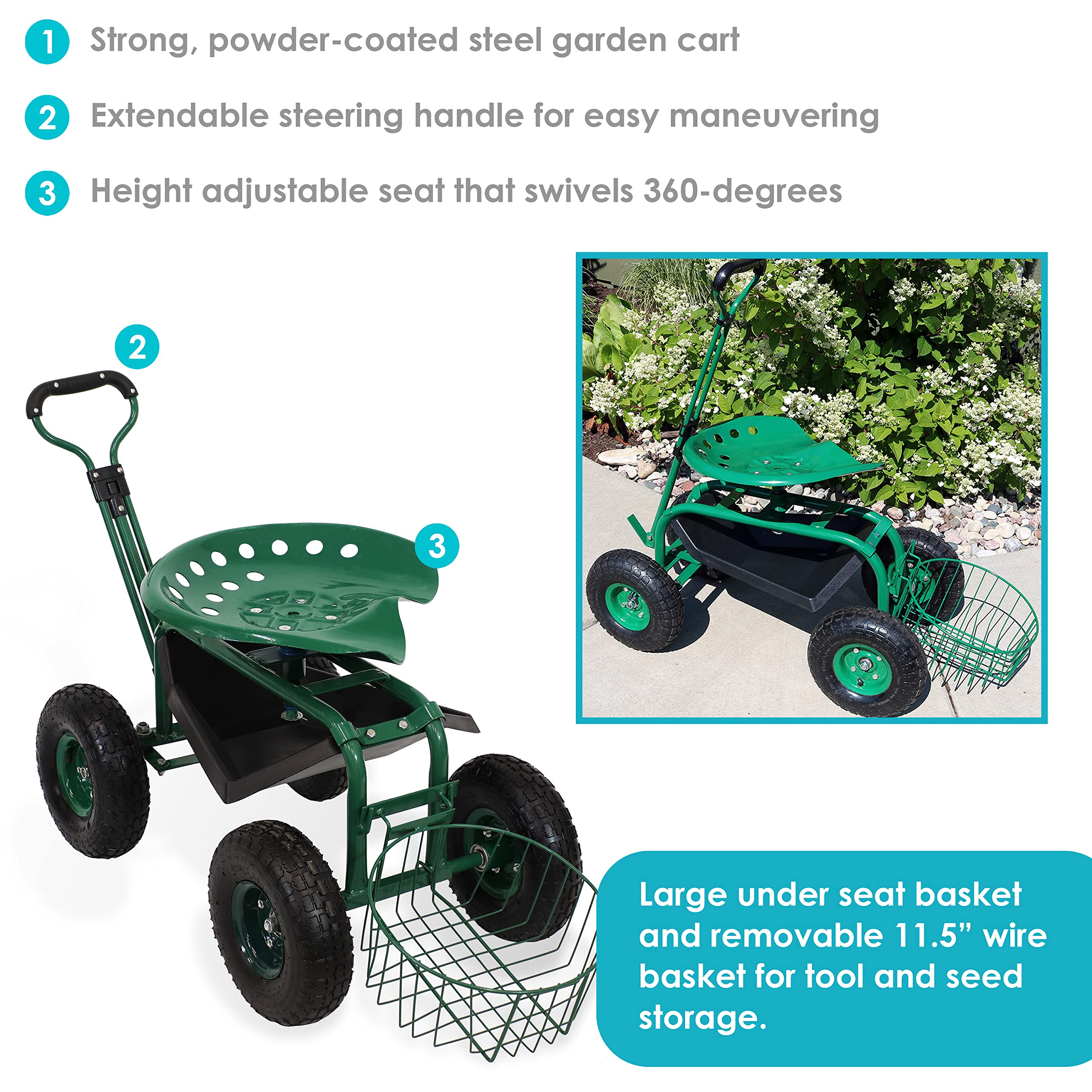 Sunnydaze Rolling Garden Stool with Wheels - Extendable Steer Handle, Swivel Seat & Utility Tool Tray - Green Outdoor Gardening Stool for Planting, Weeding & Yard Work