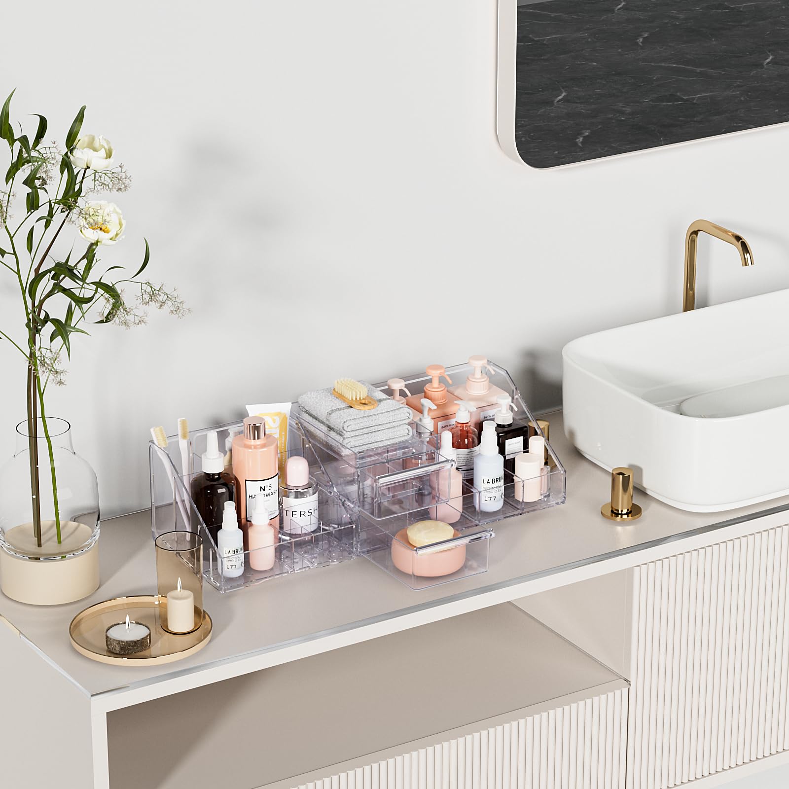 2-in-1 Makeup Organizer & Skincare Tray Set - Large Capacity Cosmetic Storage with 2 Clear Drawers for Vanity, Bathroom, Countertop & Bedroom - Perfect for Organizing Beauty Supplies and Daily Essentials