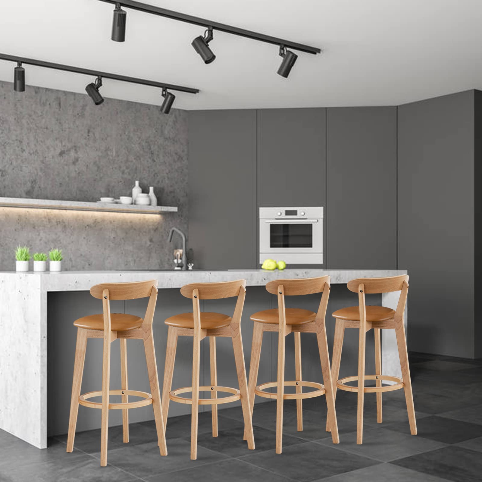 **Breakfast Wood Bar Stool with Backrest & Armrest - PU Leather Kitchen Bar Chair for Dining Room, Kitchen Island & Breakfast Nook**