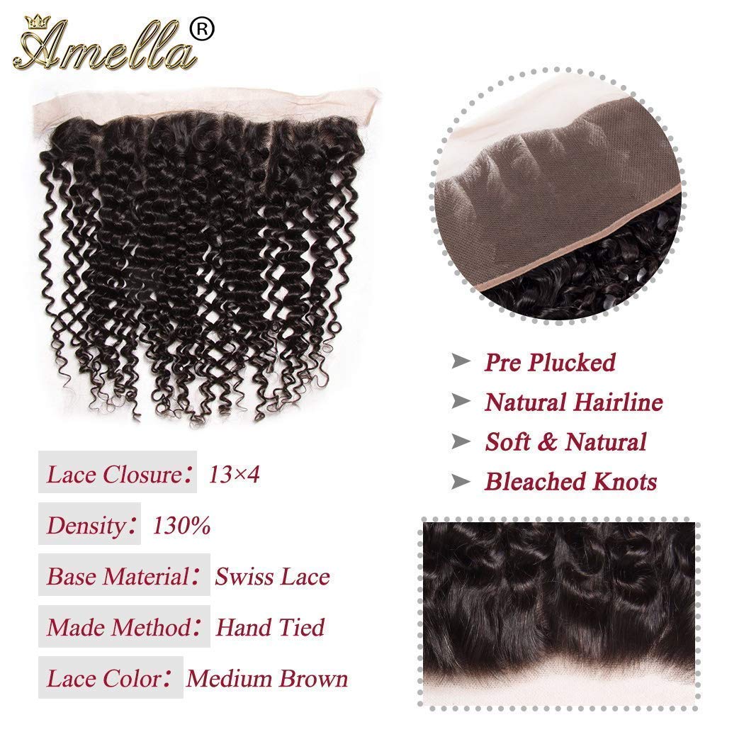 Amella Hair 8A Brazilian Virgin Curly Human Hair Weave - 100% Unprocessed 3 Bundles with Swiss Lace Frontal (14