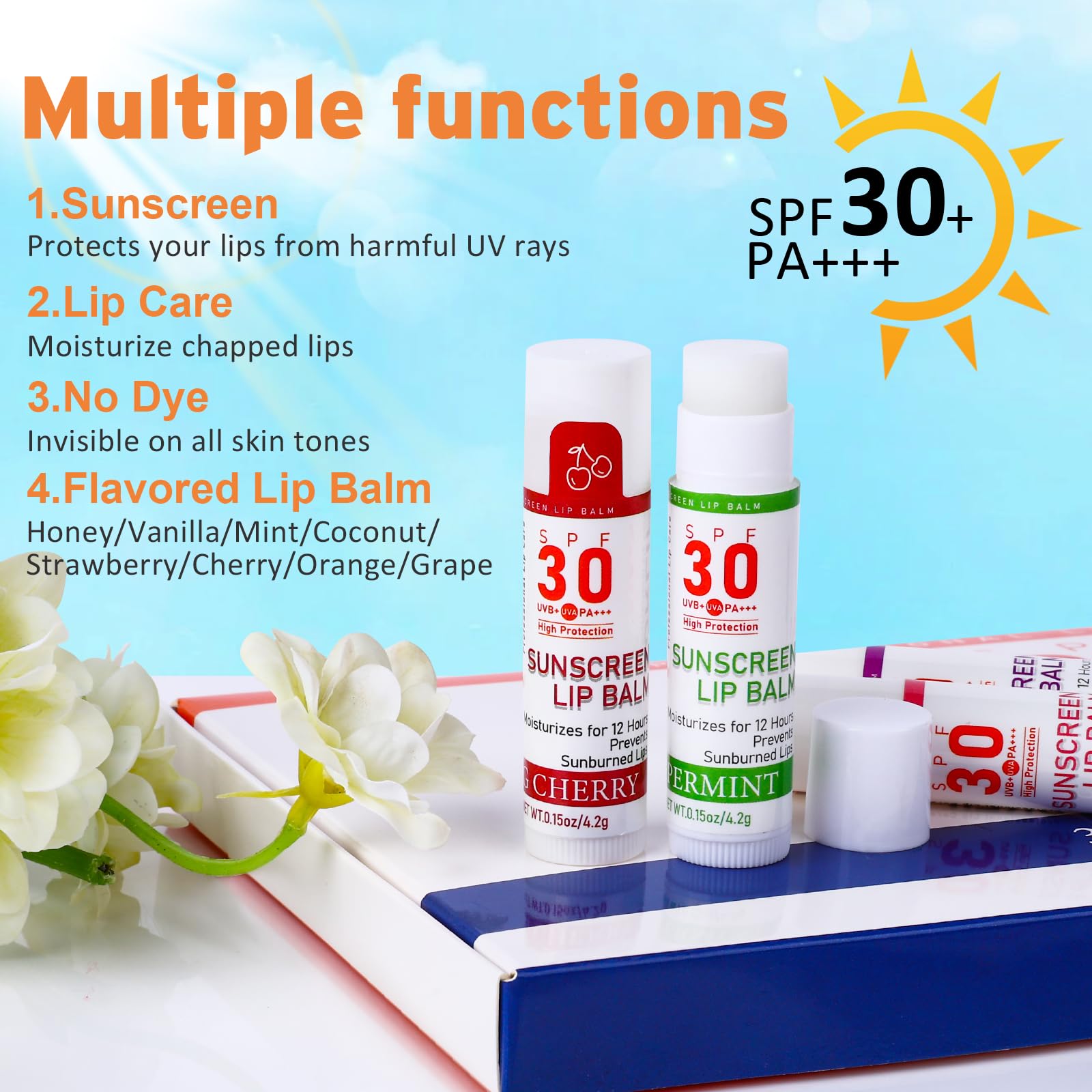 SPF 30 Lip Balm with Sunscreen - 32 Pack Bulk Travel Size, Hydrating Lip Balm with Vitamin E & Coconut Oil - 8 Flavors Variety - Perfect for Outdoor Activities, Hiking, Beach & Daily Lip Care