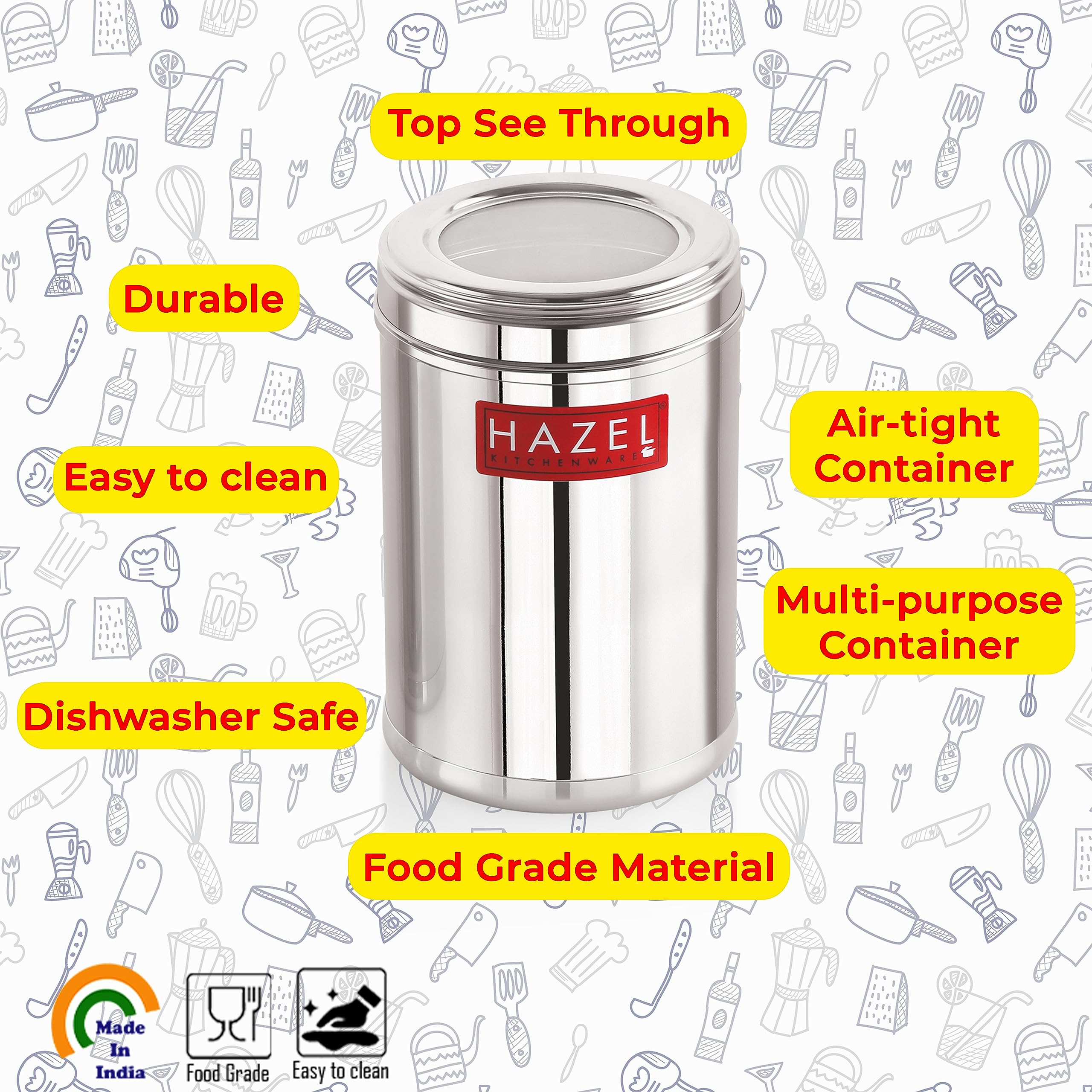 HAZEL Stainless Steel Kitchen Container Set with Transparent Lid, Matt Finish, 700 ML, 6-Piece for Pantry, Spice, and Dry Food Storage