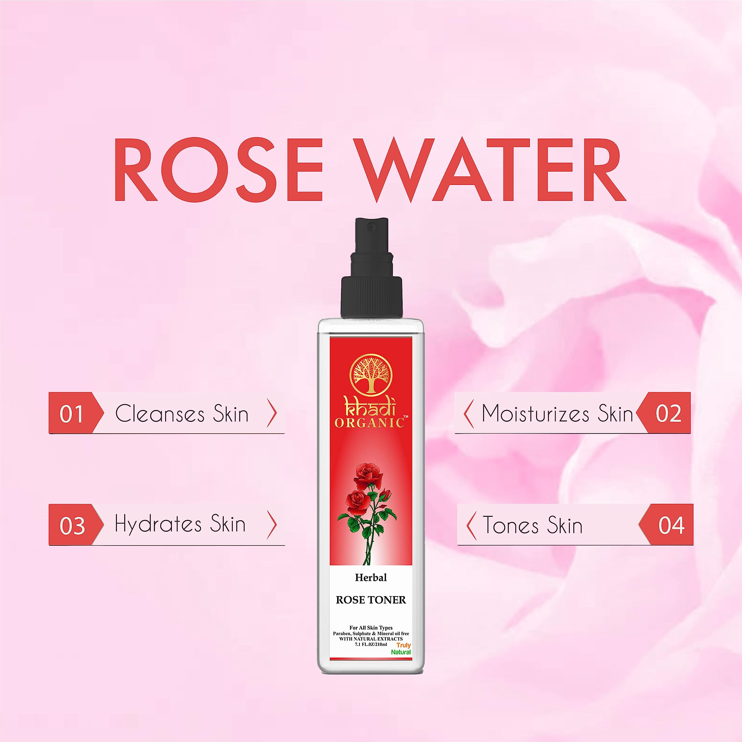 Khadi Organic Rose Water Spray for Face & Skin | Pure Ayurvedic Gulab Jal Rosewater Toner (210ml) - Hydrating, Soothing & Refreshing Facial Mist for Daily Skincare Routine & Makeup Setting
