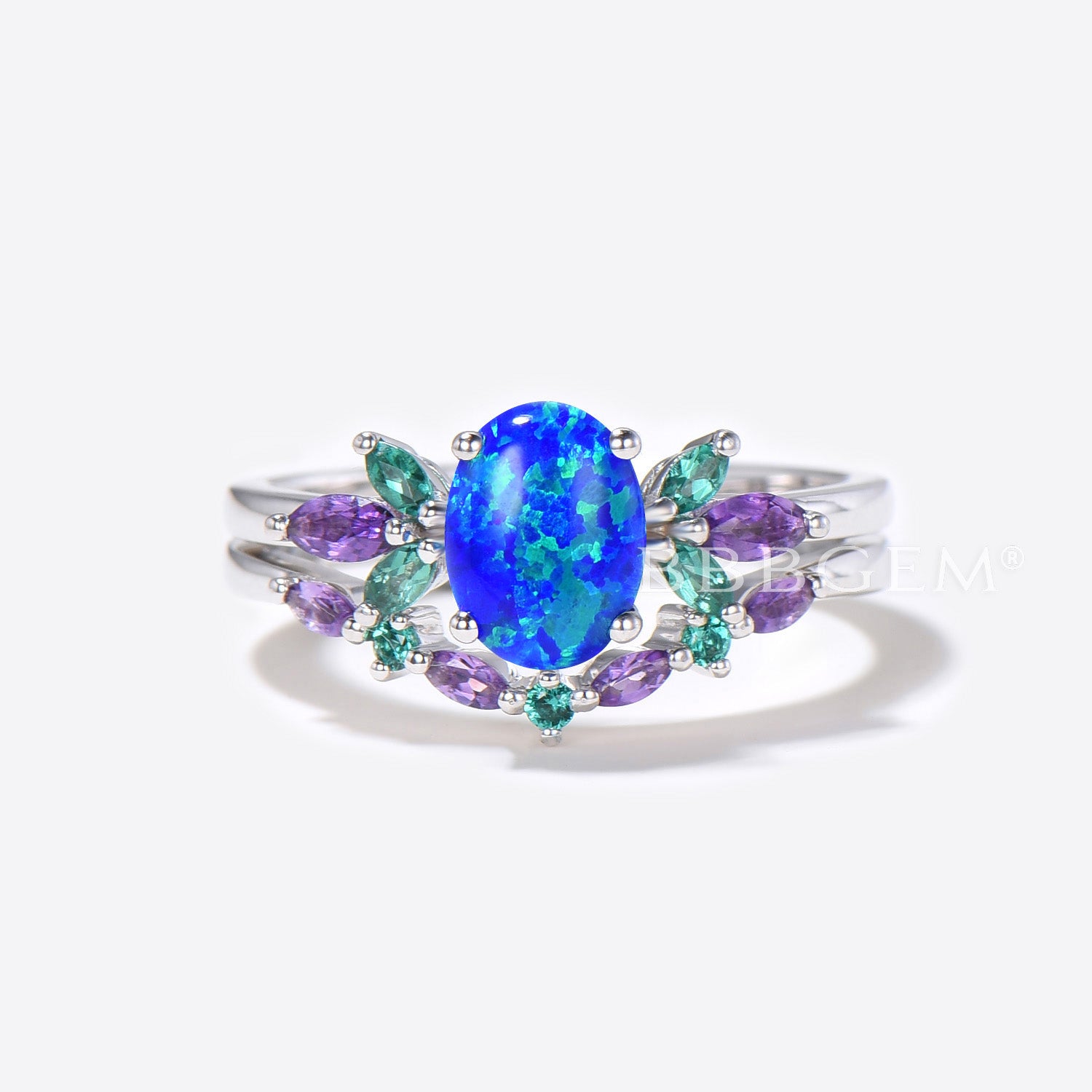 1.5ct Oval Cut Blue Opal Engagement Ring Set - Sterling Silver with Emerald & Amethyst Accents - Wedding Ring, Bridal Jewelry Set - Perfect for Proposals, Anniversaries & Romantic Gifts