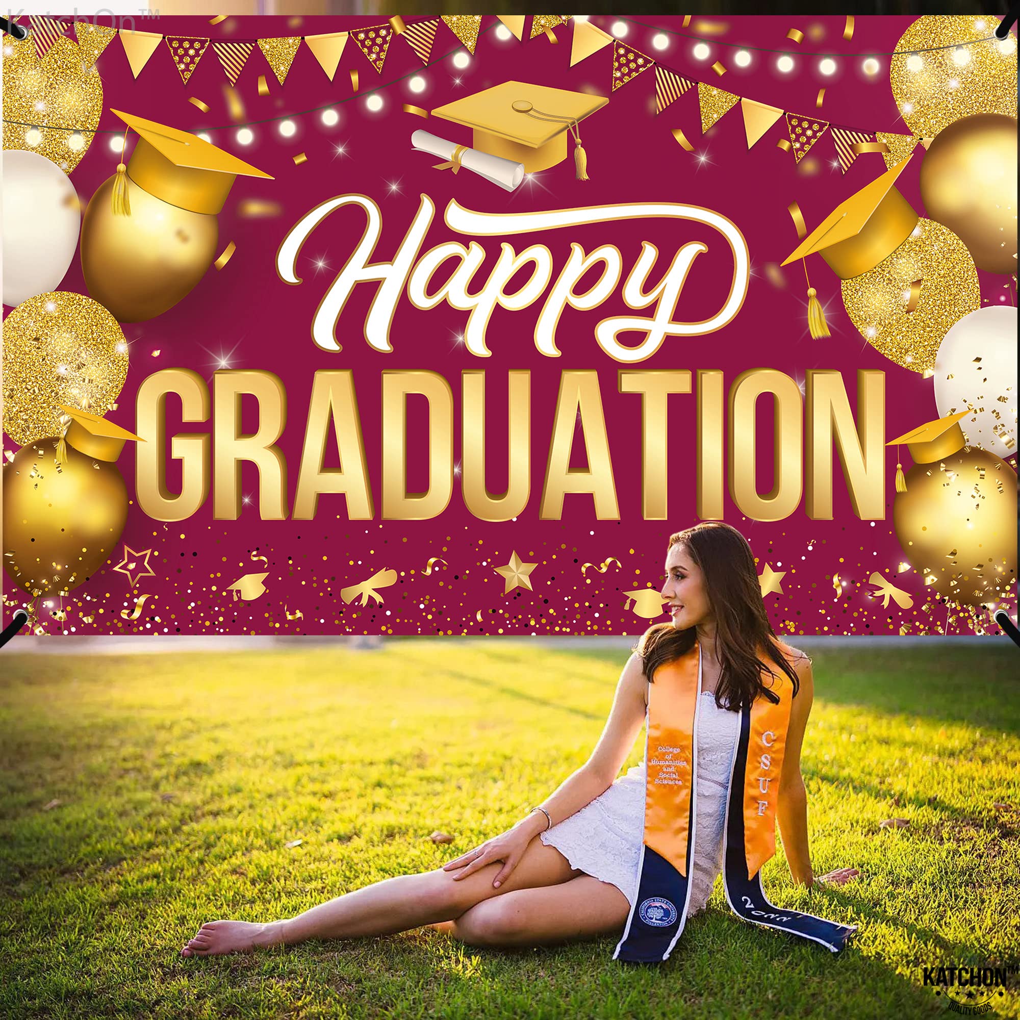 KatchOn Extra Large Happy Graduation Banner - 72x44 Inch Maroon & Gold Backdrop for Class of 2025 | 2025 Graduation Decorations, Party Supplies & Photo Booth Background | Perfect for High School, College Ceremonies & Graduation Parties