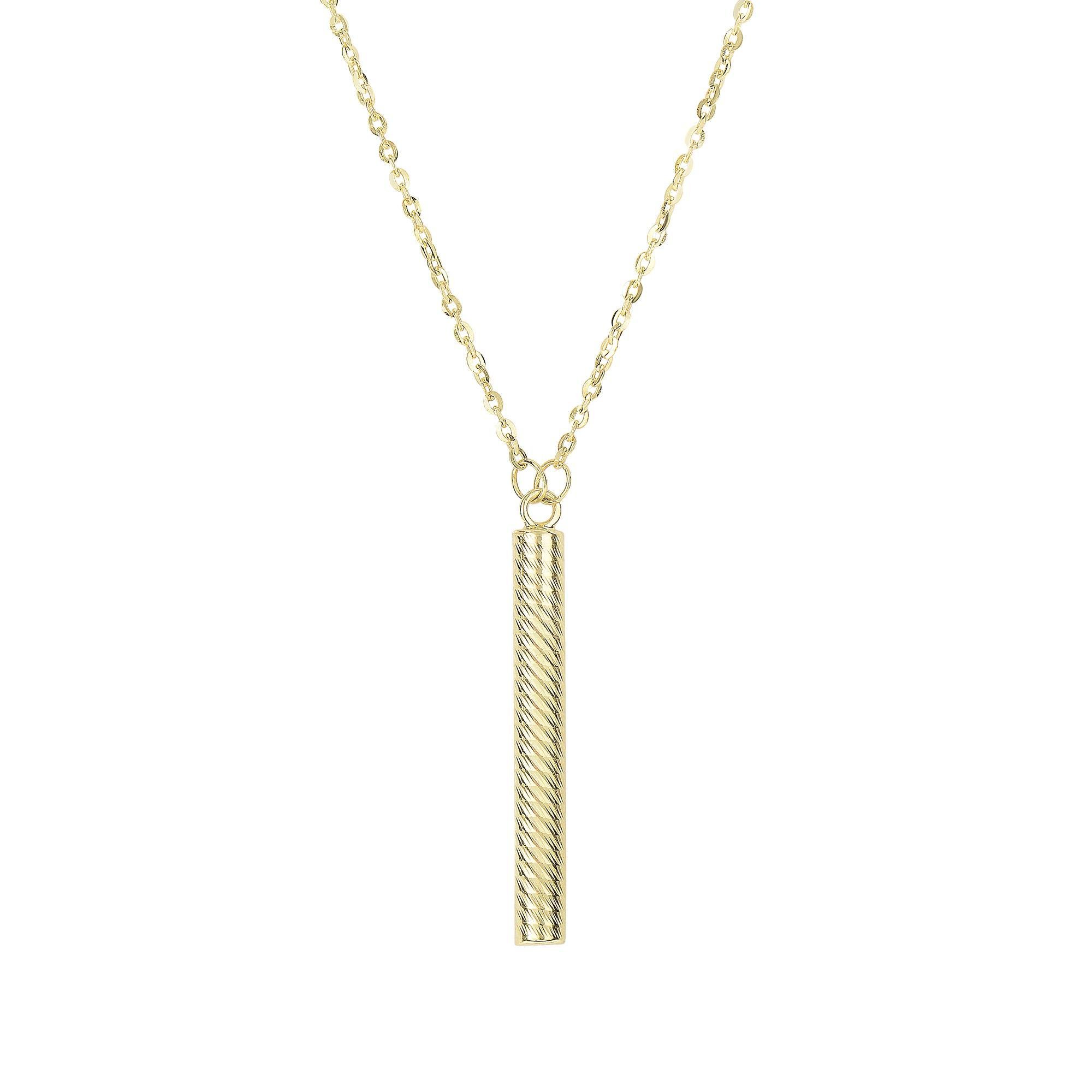 14K Yellow Gold 18 Inch Polish Textured Finish Cylinder Bar Lariat Y Oval Link Necklace for Women - Elegant Layered Chain Jewelry Gift for Birthday, Anniversary & Special Occasions