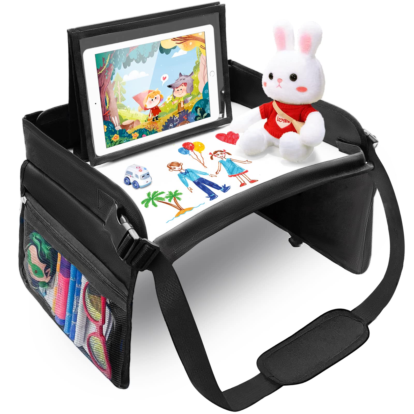 BUENAVO Kids Travel Tray for Car Seat - Portable Toddler Activity Tray with Snack Holder, Ideal for Road Trips, Airplane & Restaurant Use - Black (Perfect for Coloring, Eating & Playing On-The-Go)