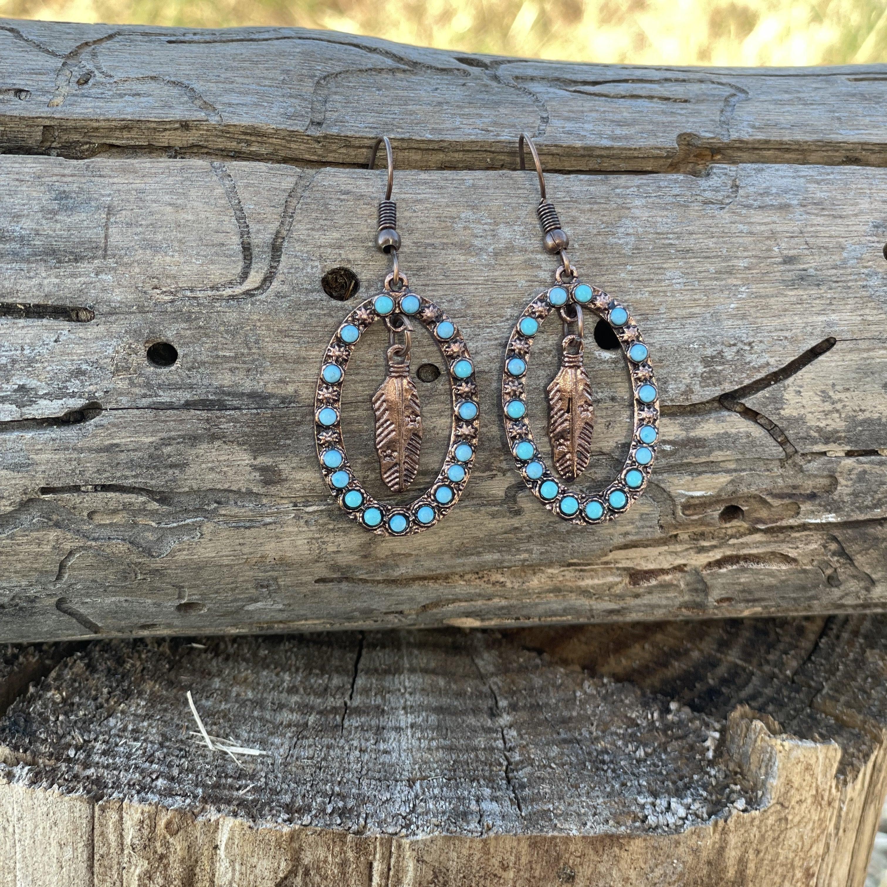 Feather and Turquoise Dangling Copper Fashion Earrings WA175 - Boho Chic Jewelry for Women, Handmade Tribal Style Accessories | Perfect for Parties, Weddings & Everyday Wear