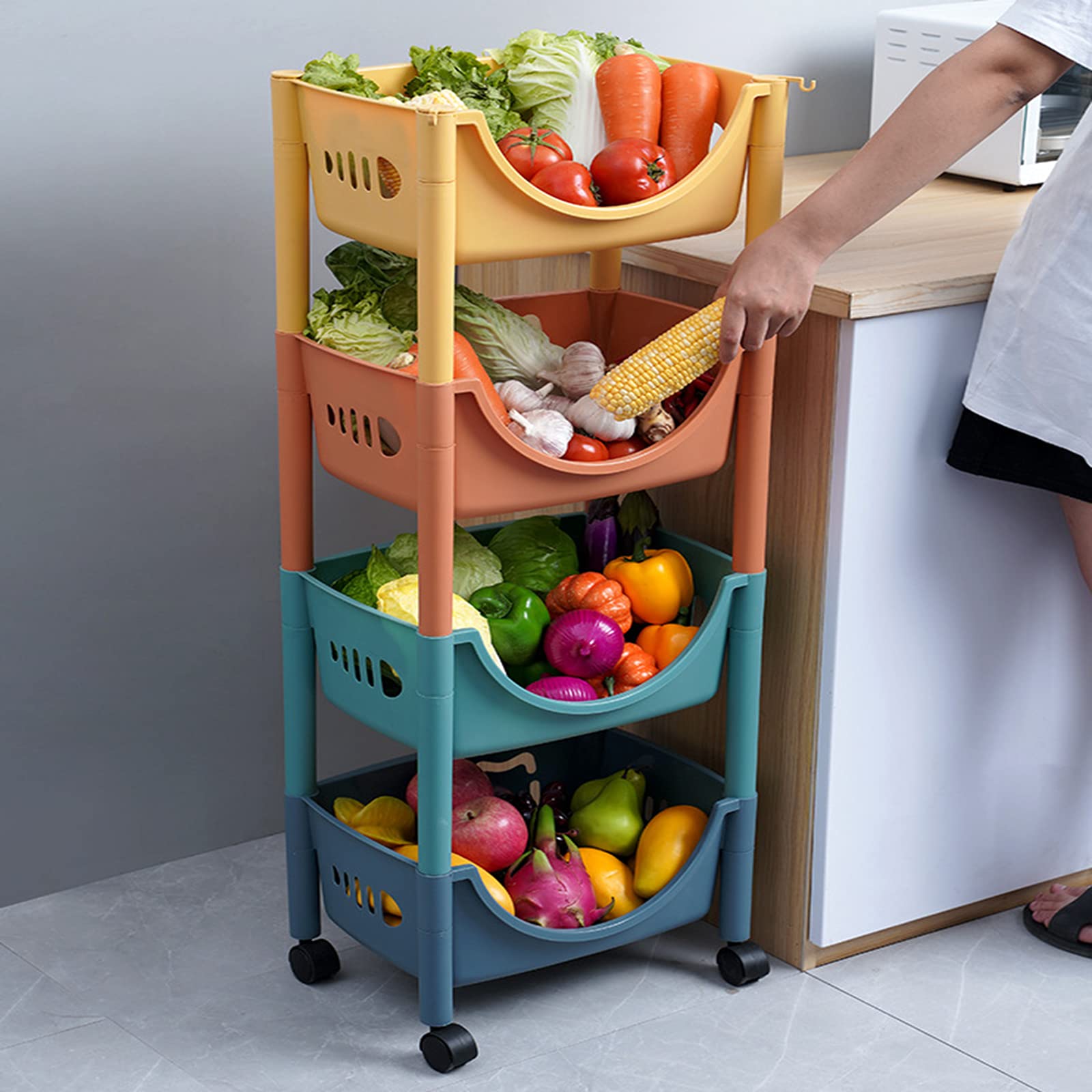 Stackable Storage Baskets with Wheels - 4-Tier Plastic Rolling Storage Bins for Kitchen, Fruits & Vegetables - High Capacity Multi-Layer Organizer for Pantry, Refrigerator & Home Organization
