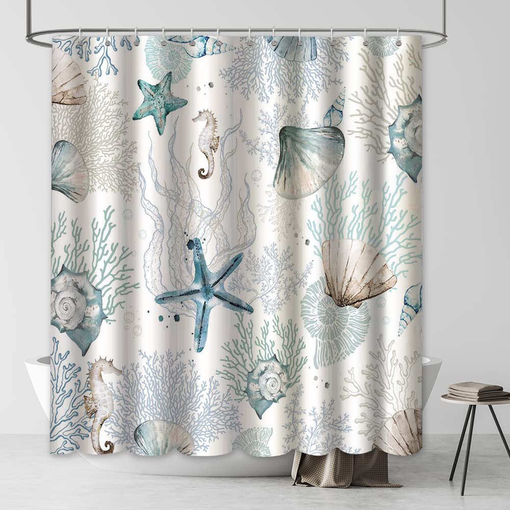 MEHOFUND Under The Sea Shower Curtain - Waterproof Bathroom Decor with Starfish & Seashells Design, Coastal Vintage Style in White/Ivory (72x72 Inches) - Perfect for Beach Theme Bathrooms & Nautical Home Decor