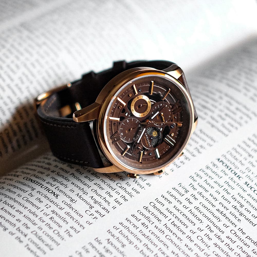 ARIES GOLD BELFAST Moon G 7013 RG CF Men's Leather Watch - Luxury Stainless Steel Chronograph for Business & Formal Occasions