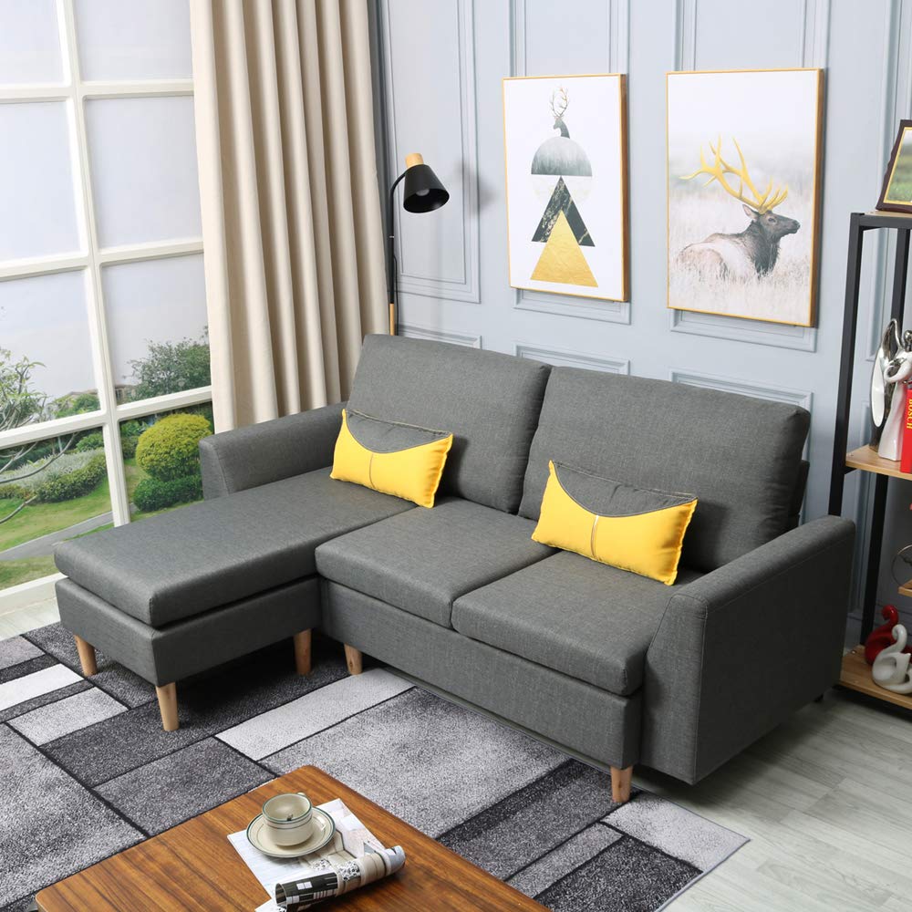 Modern L-Shaped Sectional Sofa with Reversible Chaise - Grey Linen Fabric Small Space Couch for Living Room, Apartment & Home Theater Seating