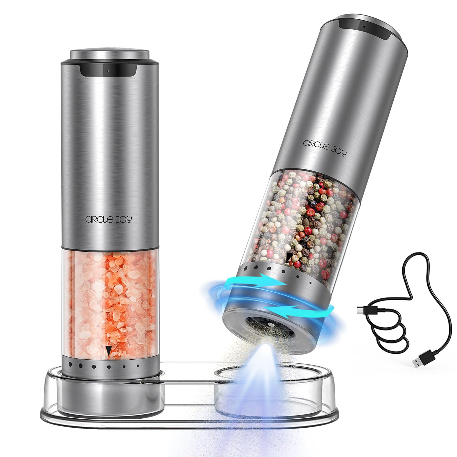 Rechargeable Electric Salt and Pepper Grinder Set with Adjustable Coarseness - Stainless Steel Pepper Mill with LED Light & 95ml Washable Container - Perfect for Kitchen, Dining Table, Camping & Gifting (Silver)
