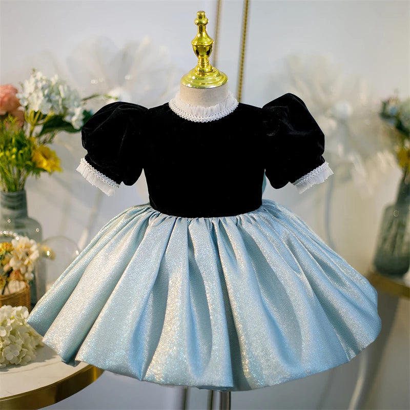 Black Satin Princess Mock Neck Flower Girl Dress for Weddings, Pageants & Special Occasions