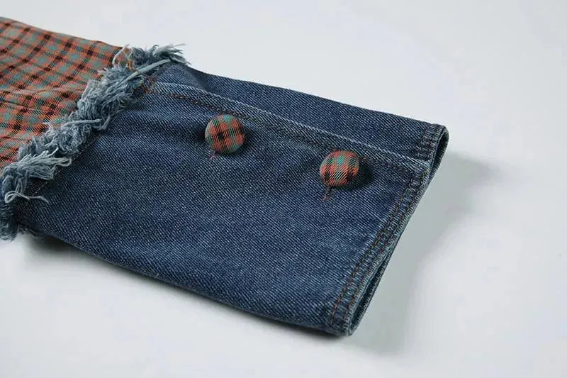 Women's Plaid Denim Oversized Blazer - Casual Patchwork Jacket for Work, Office & Everyday Wear