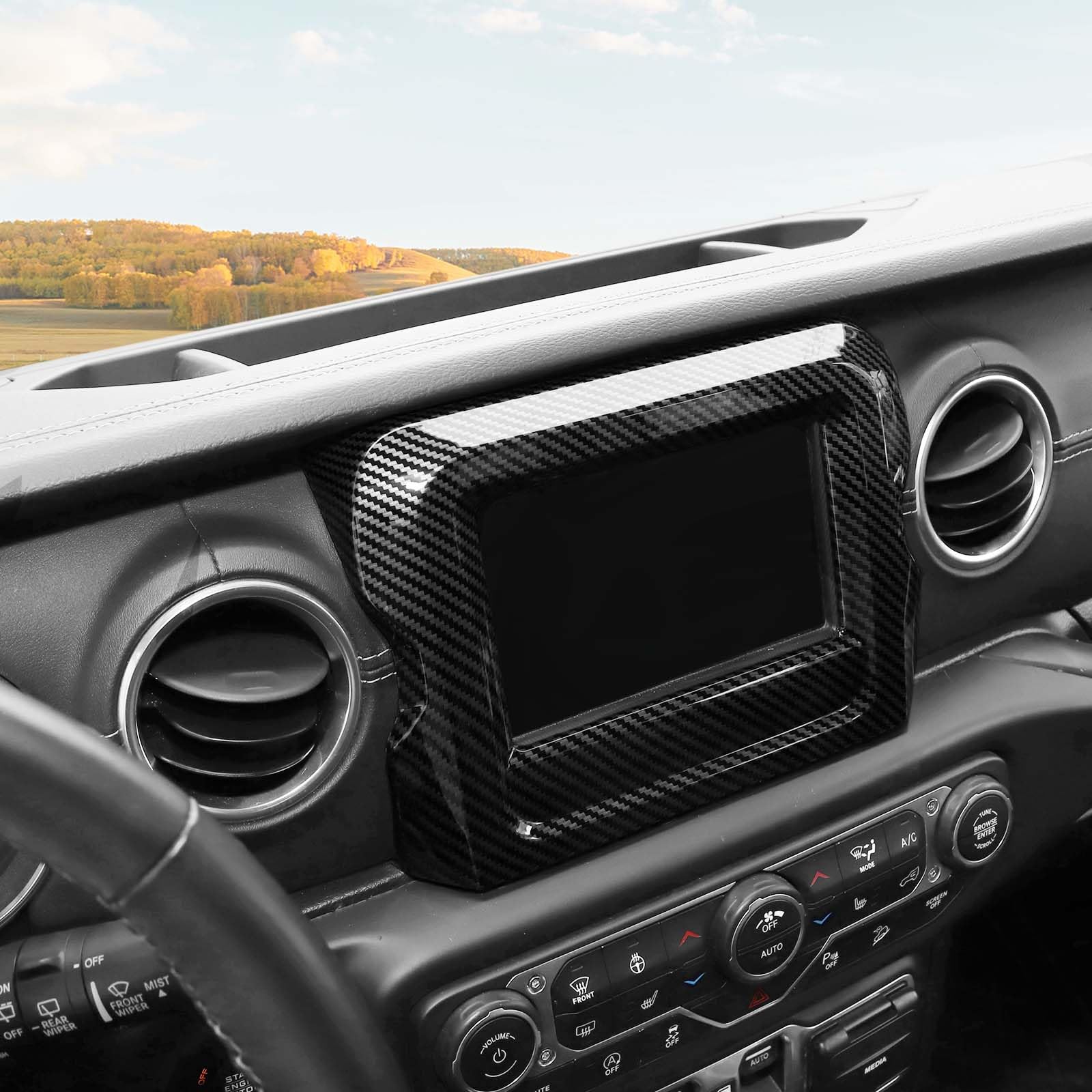 RT-TCZ Jeep JL Center Console Radio Display Panel Trim Cover - Carbon Fiber for Wrangler JL/JLU & Gladiator JT (2018-2023) | 7-Inch Black Interior Upgrade | Perfect for Off-Roading & Daily Commuting