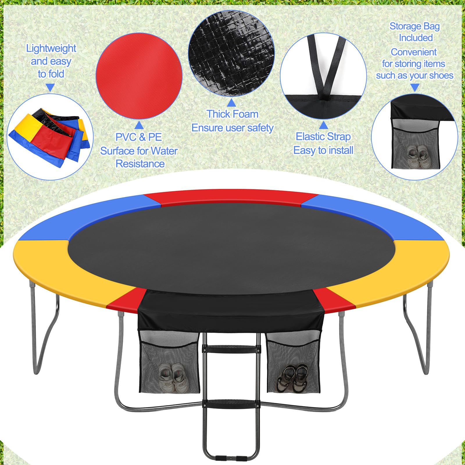 Trampoline Accessory Set - Safety Pad, Wide Step Ladder & Storage Bag | Spring Cover Replacement for Indoor/Outdoor Trampolines | Perfect for Backyard Fun, Kids Play & Exercise