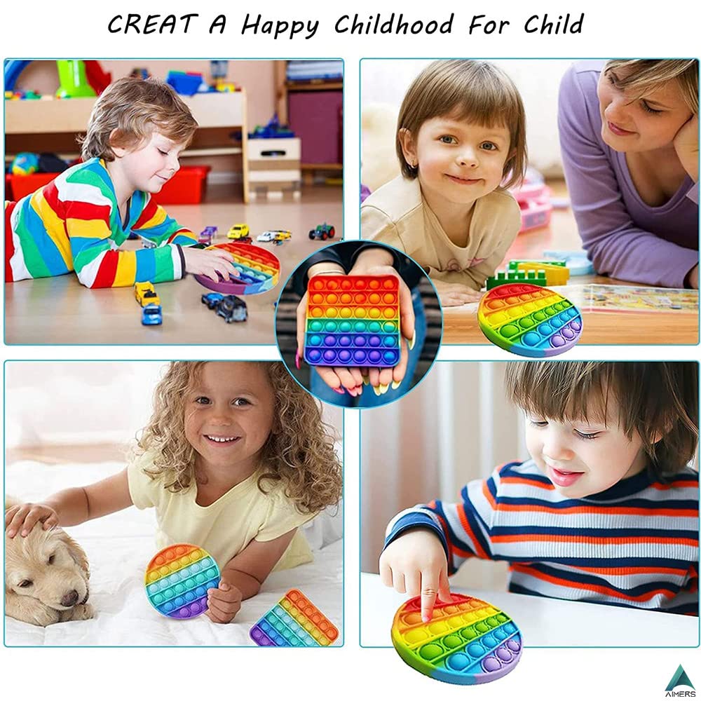 AIMERS 2 Pack Rainbow Pop Fidget Toys - Round & Square Push Bubble Sensory Toys for Stress Relief, Anxiety & Focus - Fun Popper Fidget Gadgets for Kids, Teens & Adults - Perfect for Home, Office & Classroom Use